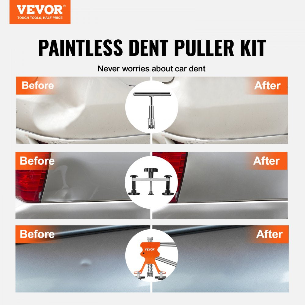 VEVOR 107 PCS Dent Removal Kit, Paintless Dent Repair Kit with Golden Lifter, Bridge Puller, Slide Hammer T-bar Dent Puller, Suction Cup Dent Puller for Auto Body Dents, Hail Damage, Door Ding 
