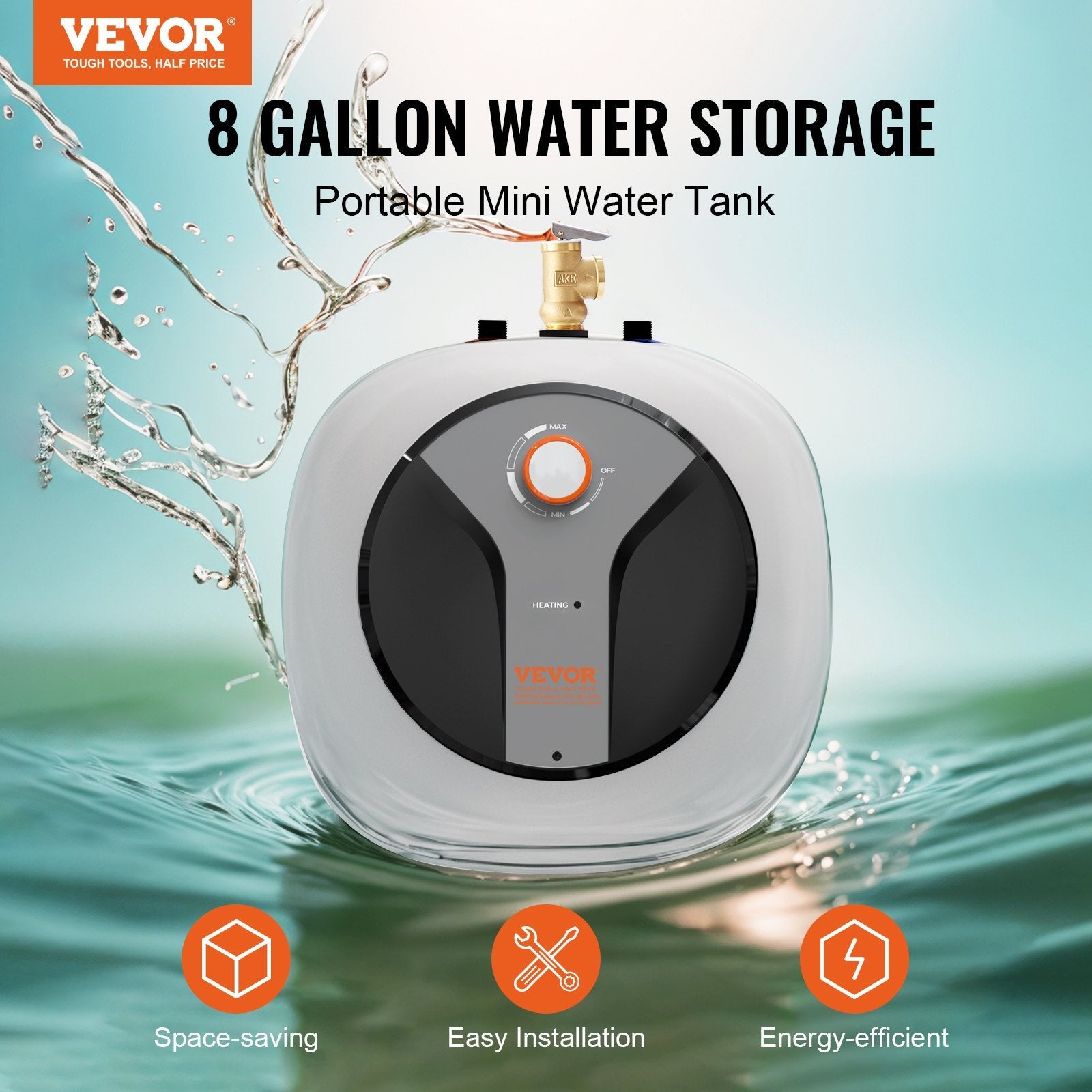 VEVOR Electric Mini-Tank Water Heater 8-Gallon Tank, 1440W Hot Water Boiler Storage, Safety Temperature Pressure Valve Easy Install, for Kichen Bathroom Restaurant, Shelf Wall Floor Mounted 