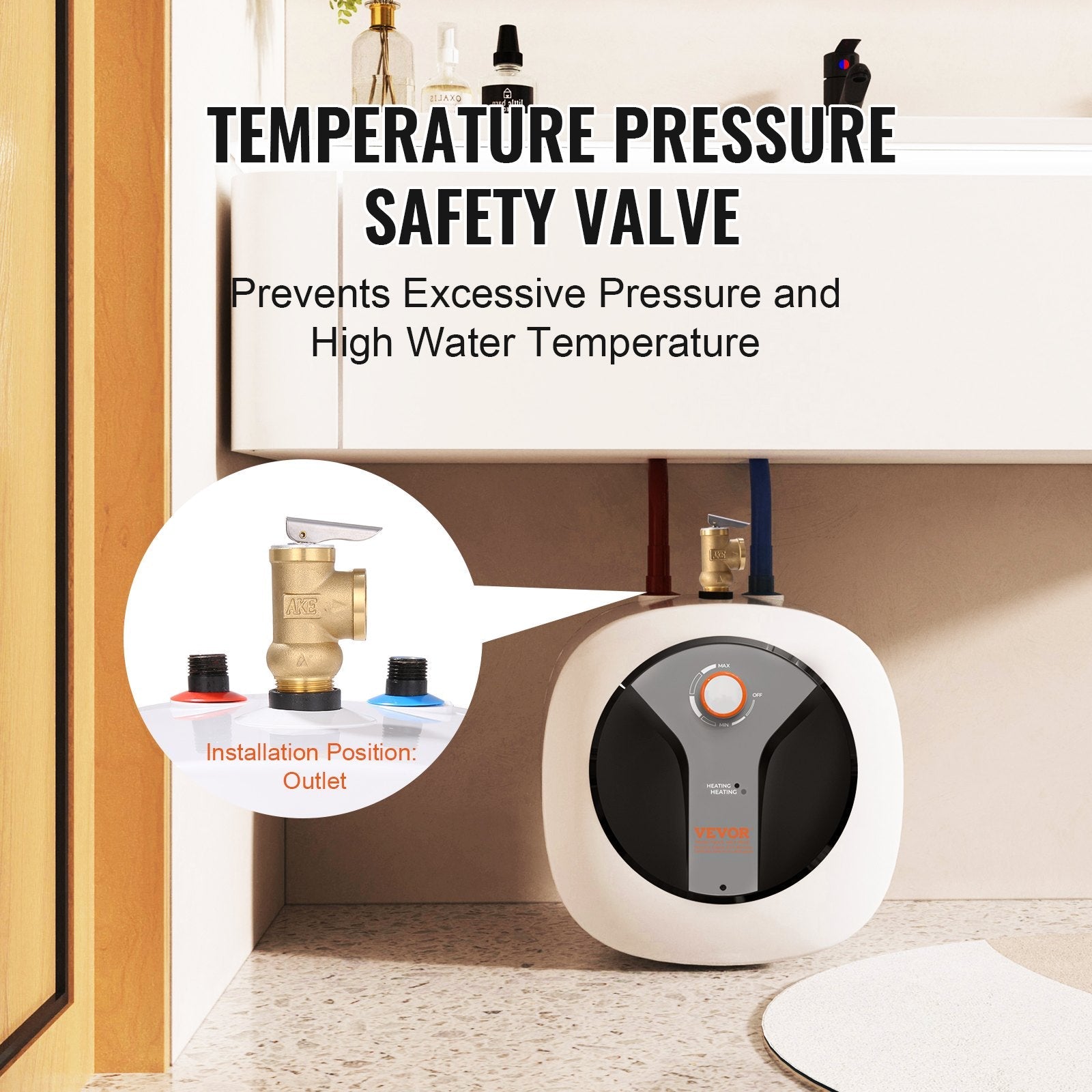 VEVOR Electric Mini-Tank Water Heater 8-Gallon Tank, 1440W Hot Water Boiler Storage, Safety Temperature Pressure Valve Easy Install, for Kichen Bathroom Restaurant, Shelf Wall Floor Mounted 
