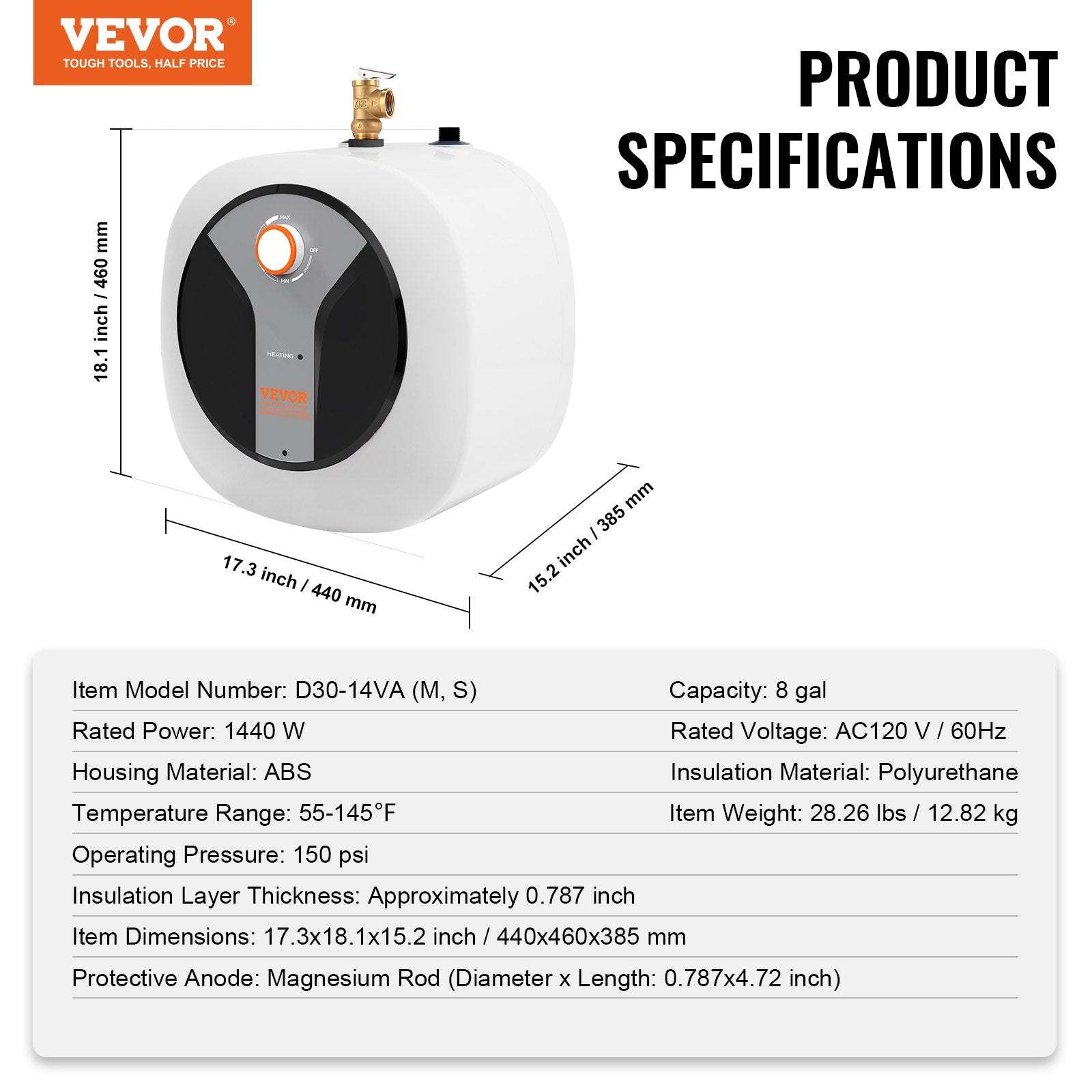 VEVOR Electric Mini-Tank Water Heater 8-Gallon Tank, 1440W Hot Water Boiler Storage, Safety Temperature Pressure Valve Easy Install, for Kichen Bathroom Restaurant, Shelf Wall Floor Mounted 