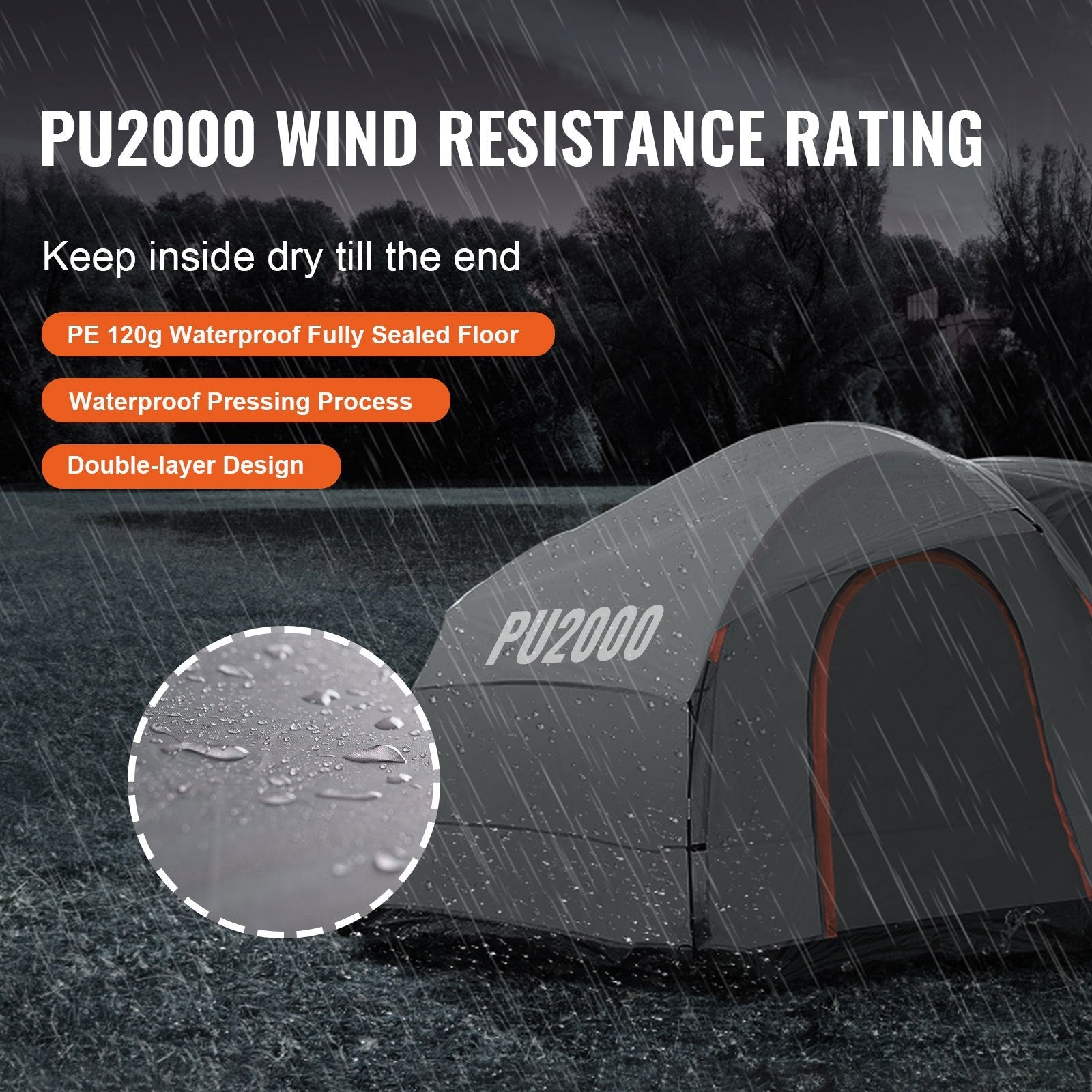 VEVOR SUV Camping Tent, 8'-8' SUV Tent Attachment for Camping with Rain Layer and Carry Bag, PU2000mm Double Layer Truck Tent, Accommodate 6-8 Person, Rear Tent for Van Hatch Tailgate 