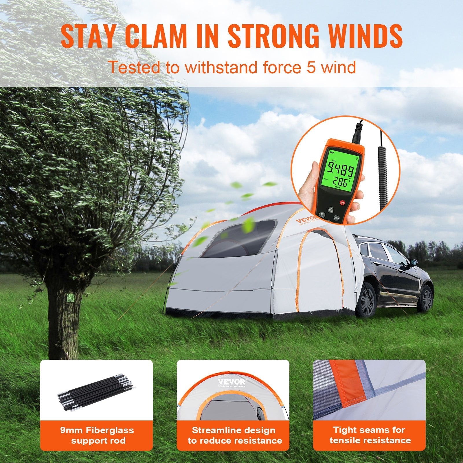 VEVOR SUV Camping Tent, 8'-8' SUV Tent Attachment for Camping with Rain Layer and Carry Bag, PU2000mm Double Layer Truck Tent, Accommodate 6-8 Person, Rear Tent for Van Hatch Tailgate 