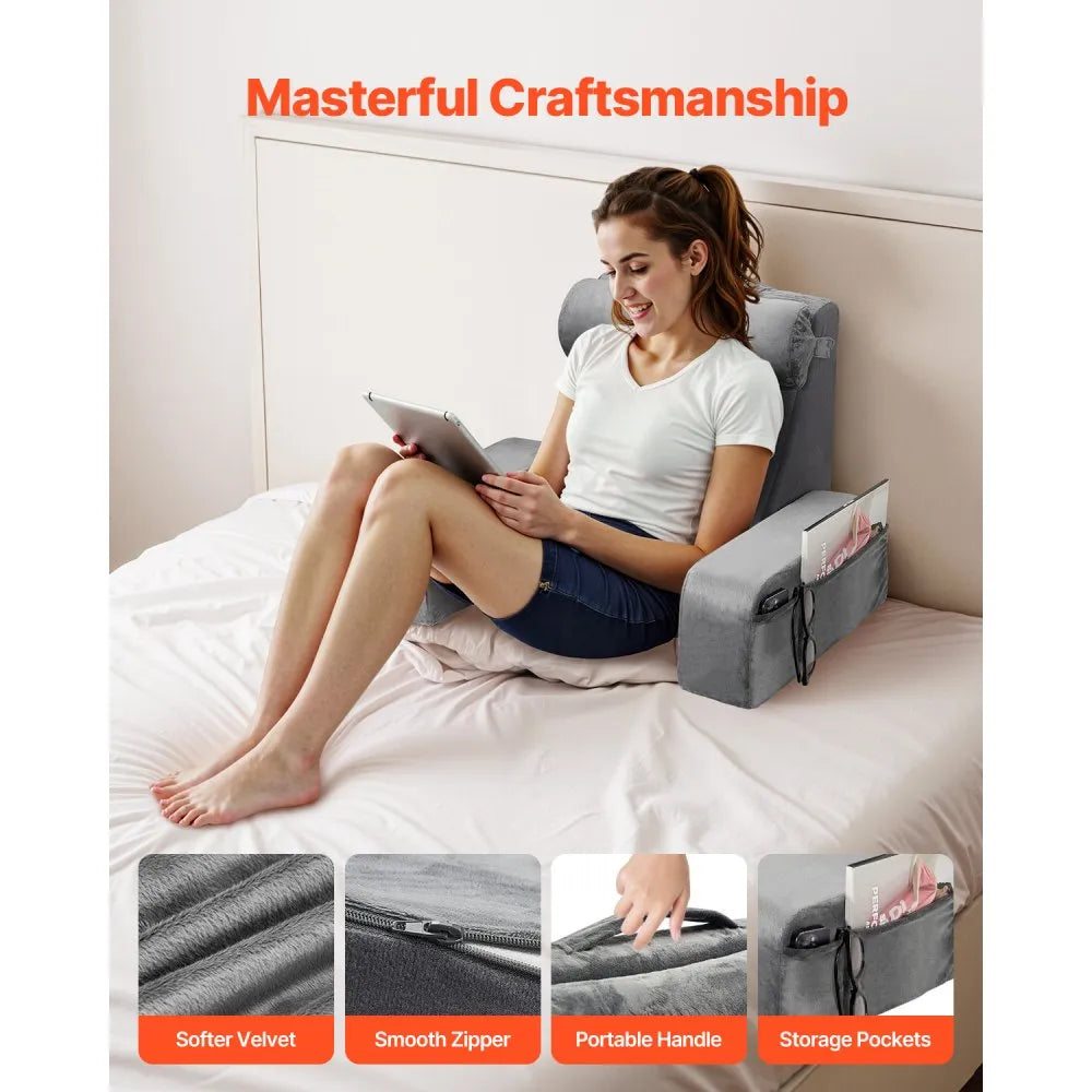 VEVOR Reading Pillow Backrest Support Pillow with Removable & 3 Pockets Headrest