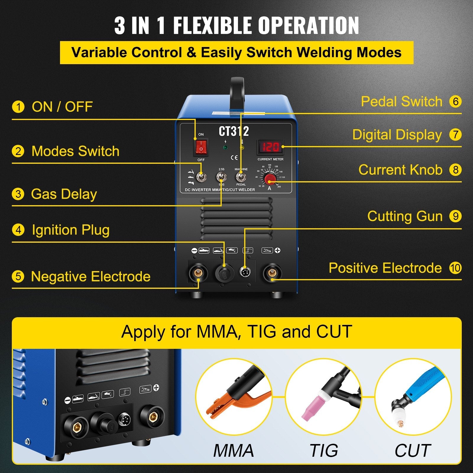 CT312 TIG/MMA Welder + Plasma Cutter 3in1 Welding Machine + Accessories 