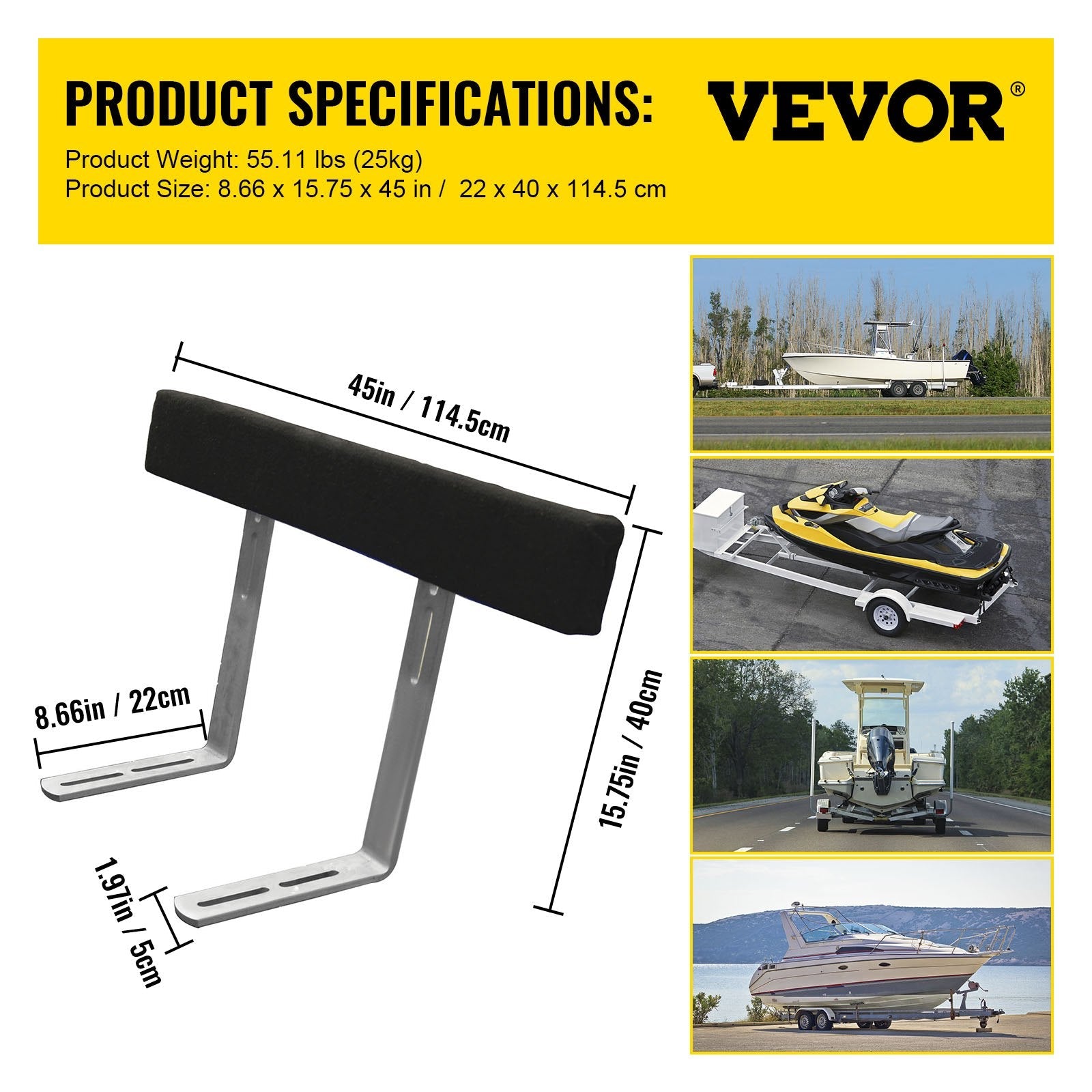 VEVOR Boat Trailer Guide-ons, 48\", 2PCS Rustproof Steel Trailer Guide ons, Trailer Guides with Carpet-Padded Boards, Mounting Parts Included, for Ski Boat, Fishing Boat or Sailboat Trailer 