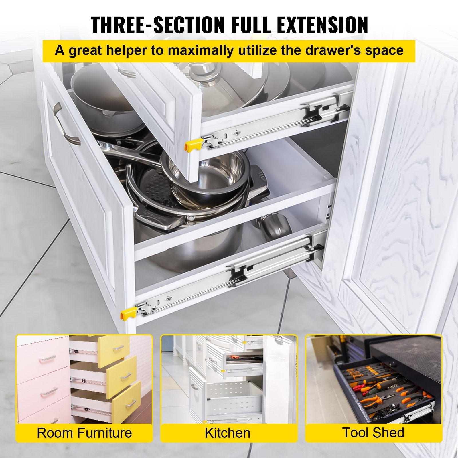 VEVOR Heavy Duty Drawer Slides 2PCS Drawer Slides 30" Locking Drawer Slides 250LBS Capacity Heavy Duty Slides Three Section Full Extension Drawer Slide Cold-rolled Steel Industrial Drawer Slides 