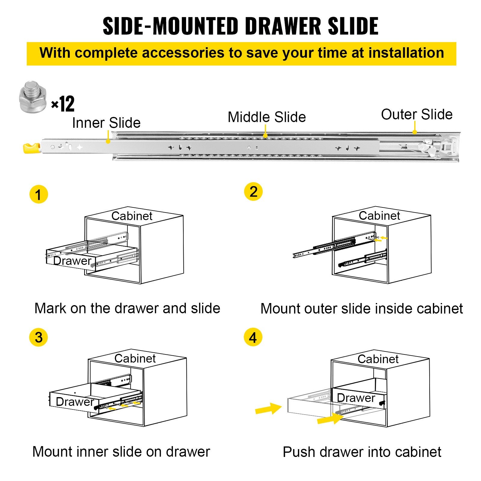 VEVOR Heavy Duty Drawer Slides 2PCS Drawer Slides 30" Locking Drawer Slides 250LBS Capacity Heavy Duty Slides Three Section Full Extension Drawer Slide Cold-rolled Steel Industrial Drawer Slides 