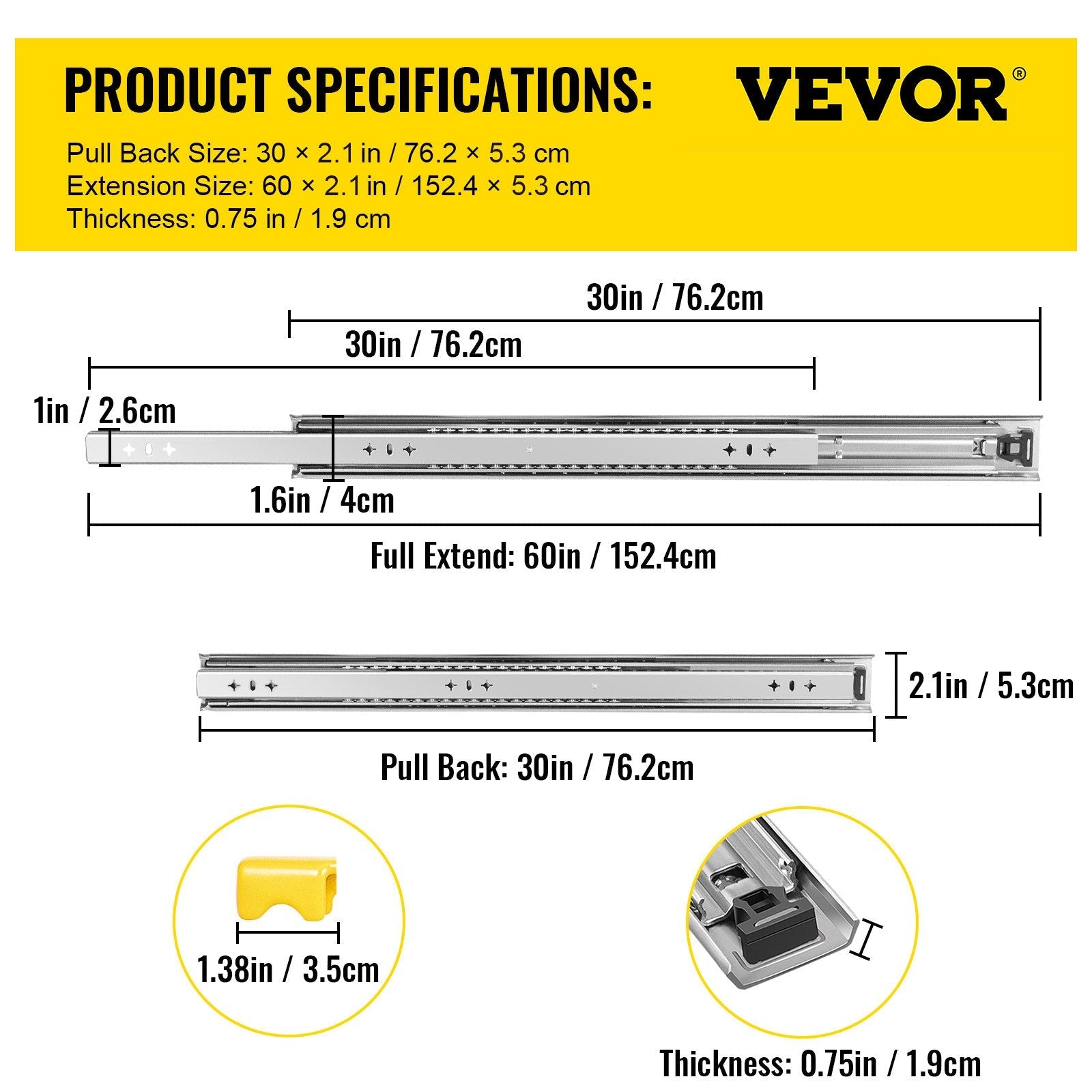 VEVOR Heavy Duty Drawer Slides 2PCS Drawer Slides 30" Locking Drawer Slides 250LBS Capacity Heavy Duty Slides Three Section Full Extension Drawer Slide Cold-rolled Steel Industrial Drawer Slides 