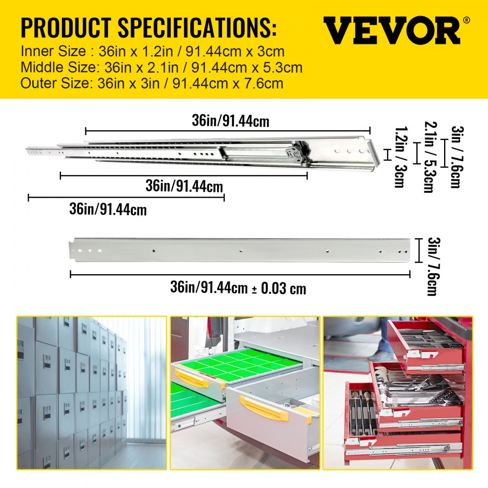 VEVOR Drawer Slides, 1 Pair 36 Inch Soft Close Drawer Slides, Ball Bearing Side Mount Drawer Hardware Slides, 500 LBS Load Capacity 3-Section Full Extension Drawer Slides for Smooth Slide, Less Noise 