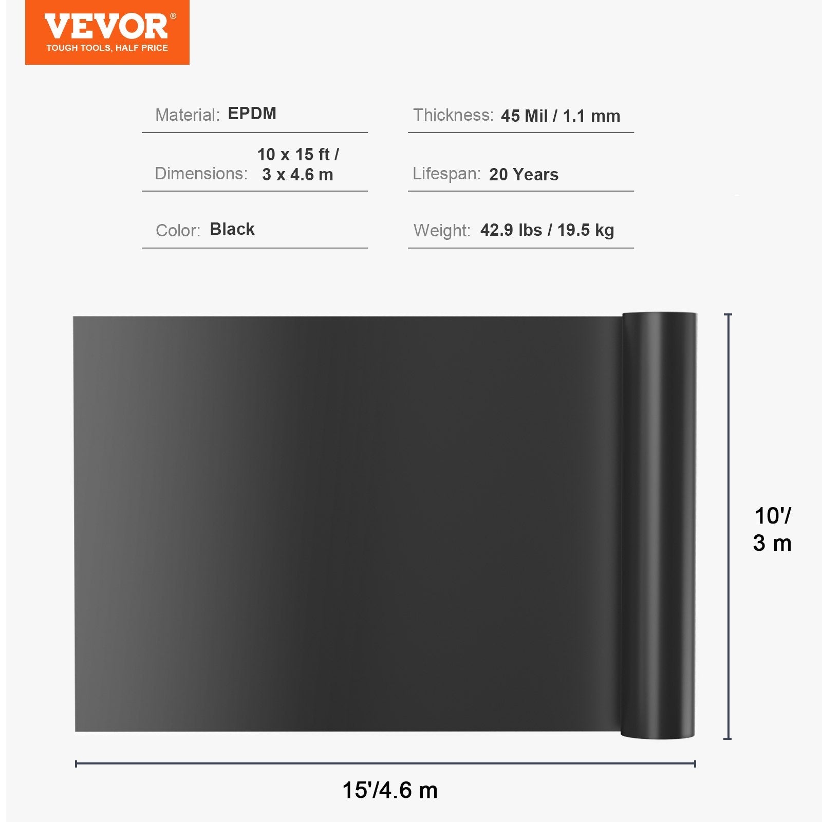 VEVOR Pond Liner, 10 x 15 ft 45 Mil Thickness, Pliable EPDM Material Pond Skins, Easy Cutting Underlayment for Fish or Koi Ponds, Water Features, Waterfall Base , Fountains, Water Gardens, Black 
