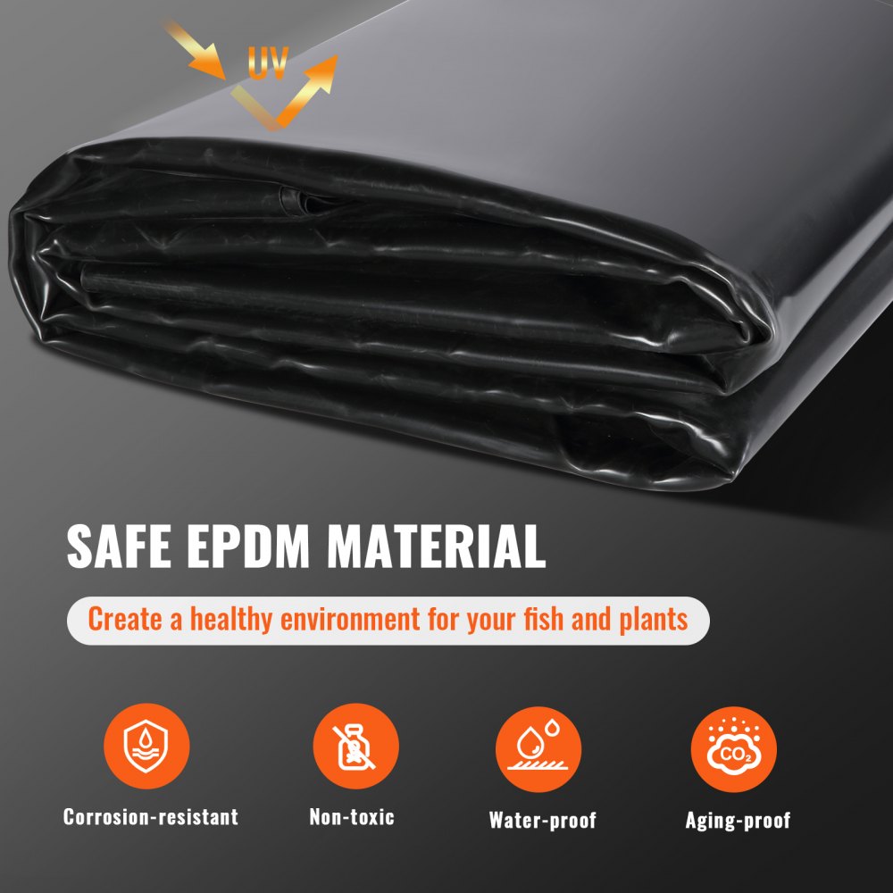 VEVOR Pond Liner, 15 x 20 ft 45 Mil Thickness, Pliable EPDM Material Pond Skins, Easy Cutting Underlayment for Fish or Koi Ponds, Water Features, Waterfall Base, Fountains, Water Gardens, Black 