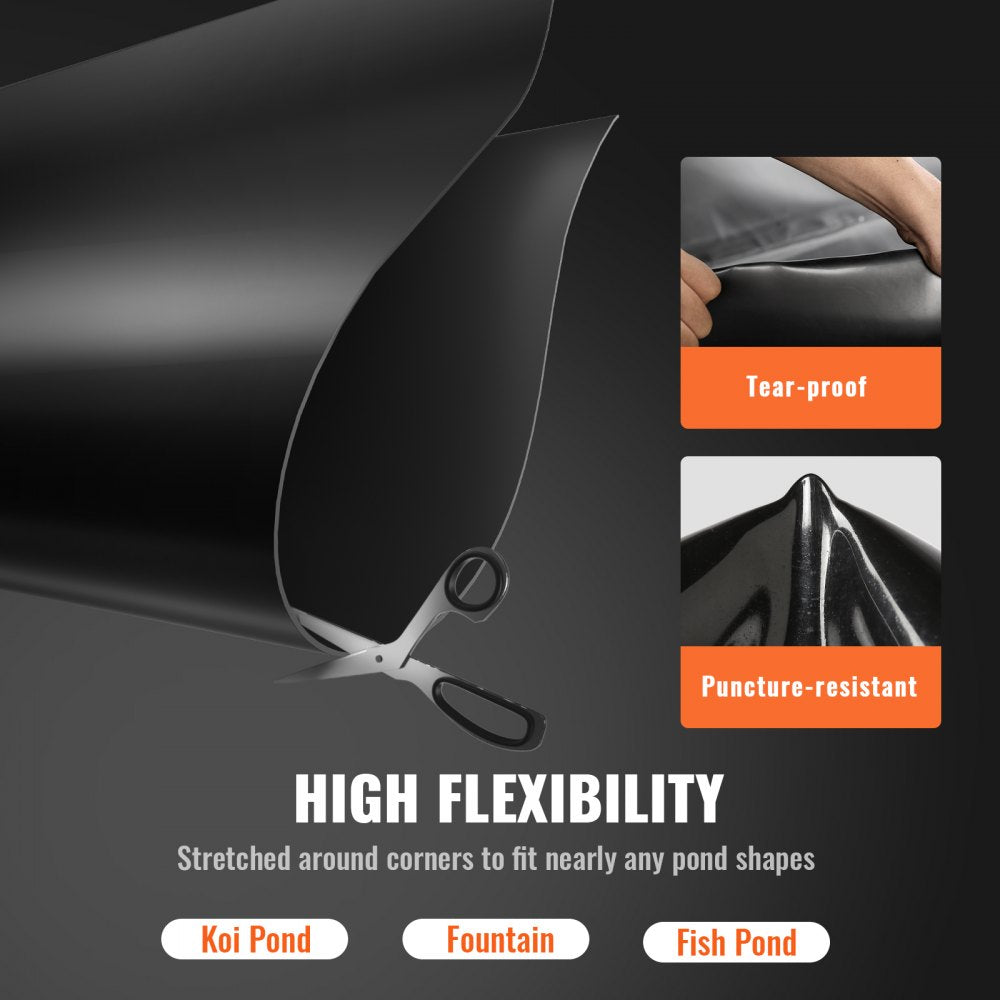 VEVOR Pond Liner, 20 x 25 ft 45 Mil Thick, Pliable EPDM Material Pond Skins, Easy Cutting Underlayment for Fish or Koi Pond, Waterfall Base, Water Features, Water Gardens, Fountains, Black 