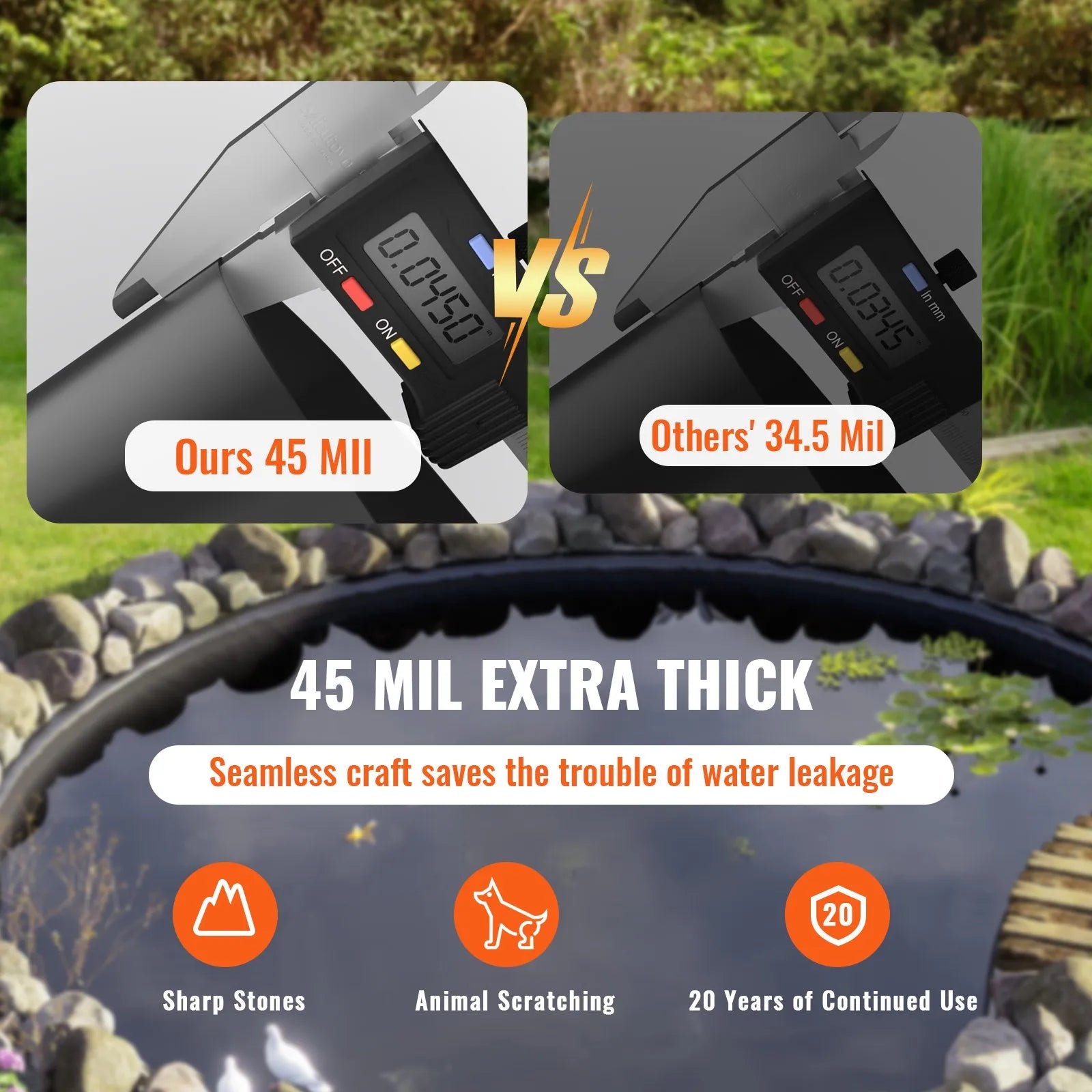 VEVOR Pond Liner, 30 x 35 ft 45 Mil Thickness, Pliable EPDM Material Pond Skins, Easy Cutting Underlayment for Fish or Koi Ponds, Water Features, Waterfall Base, Fountains, Water Gardens, Black
