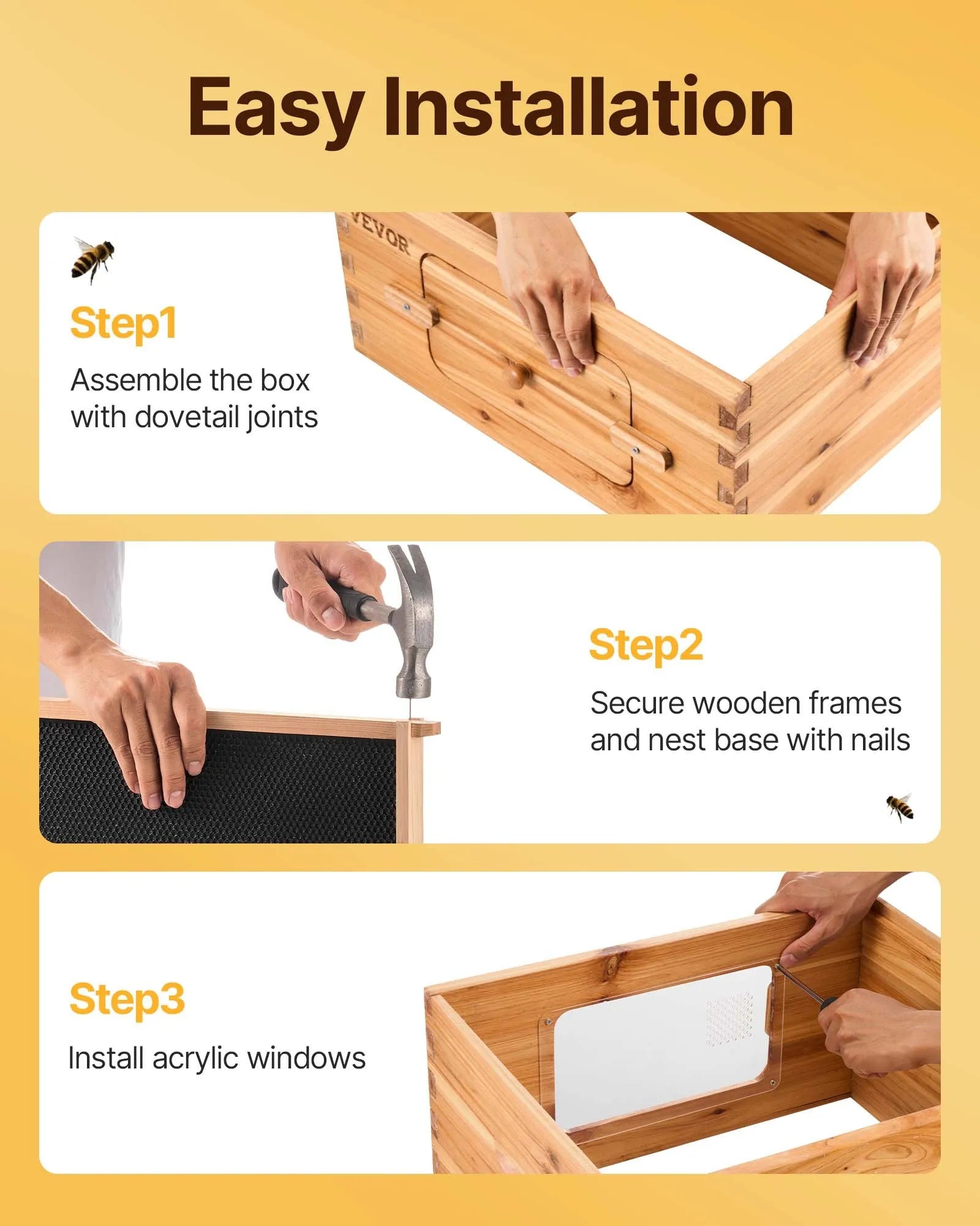 VEVOR Bee Hive 40 Frame Bee Hives Starter Kit, Beeswax Coated Cedar Wood, 2 Deep + 2 Medium Bee Boxes Langstroth Beehive Kit, Transparent Acrylic Windows with Foundations for Beginners Pro Beekeepers