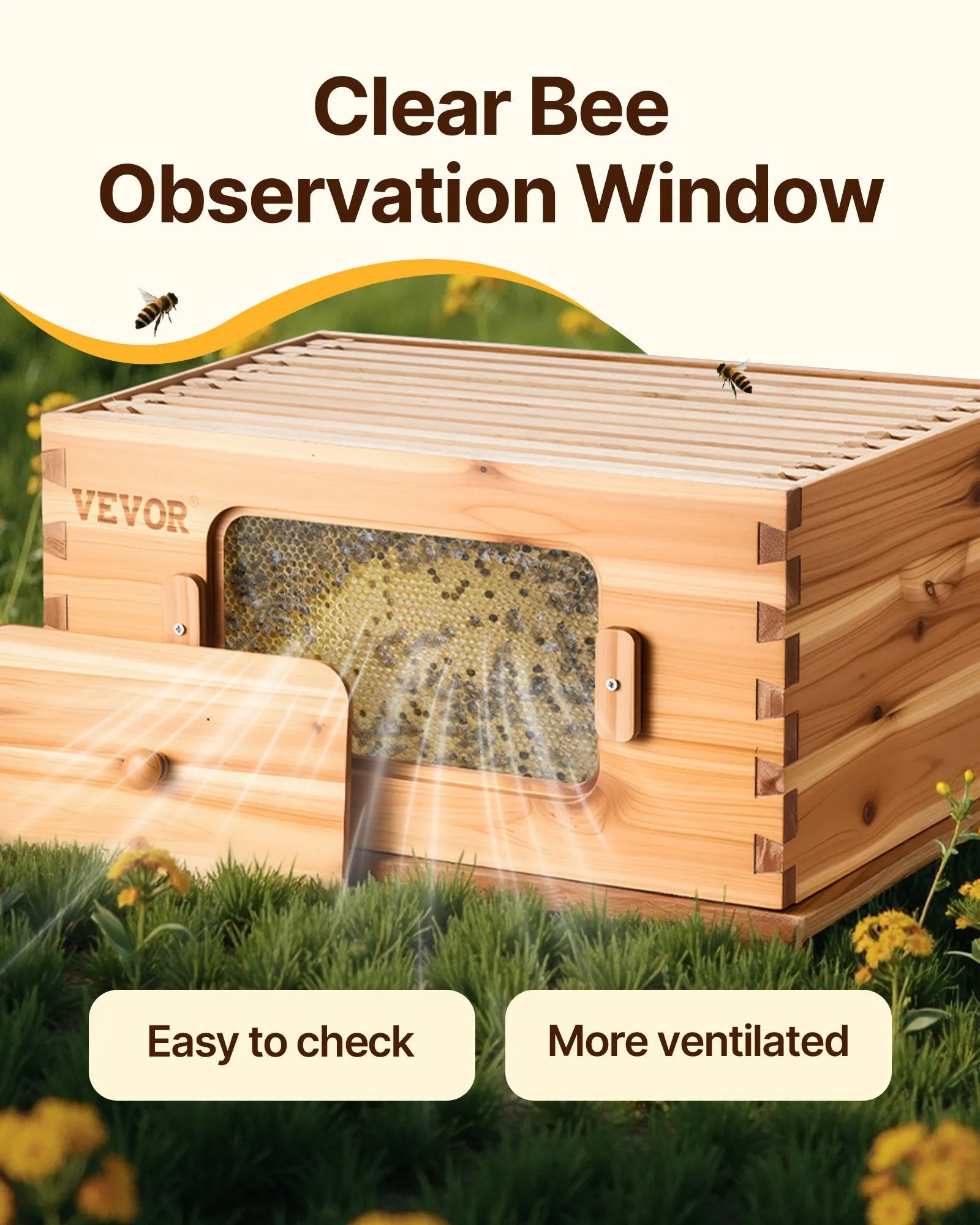 VEVOR Bee Hive Medium Box Starter Kit, 100% Beeswax Coated Natural Cedar Wood, Langstroth Beehive Kit with 10 Frames and Foundations, Transparent Acrylic Bee Windows for Beginners and Pro Beekeepers