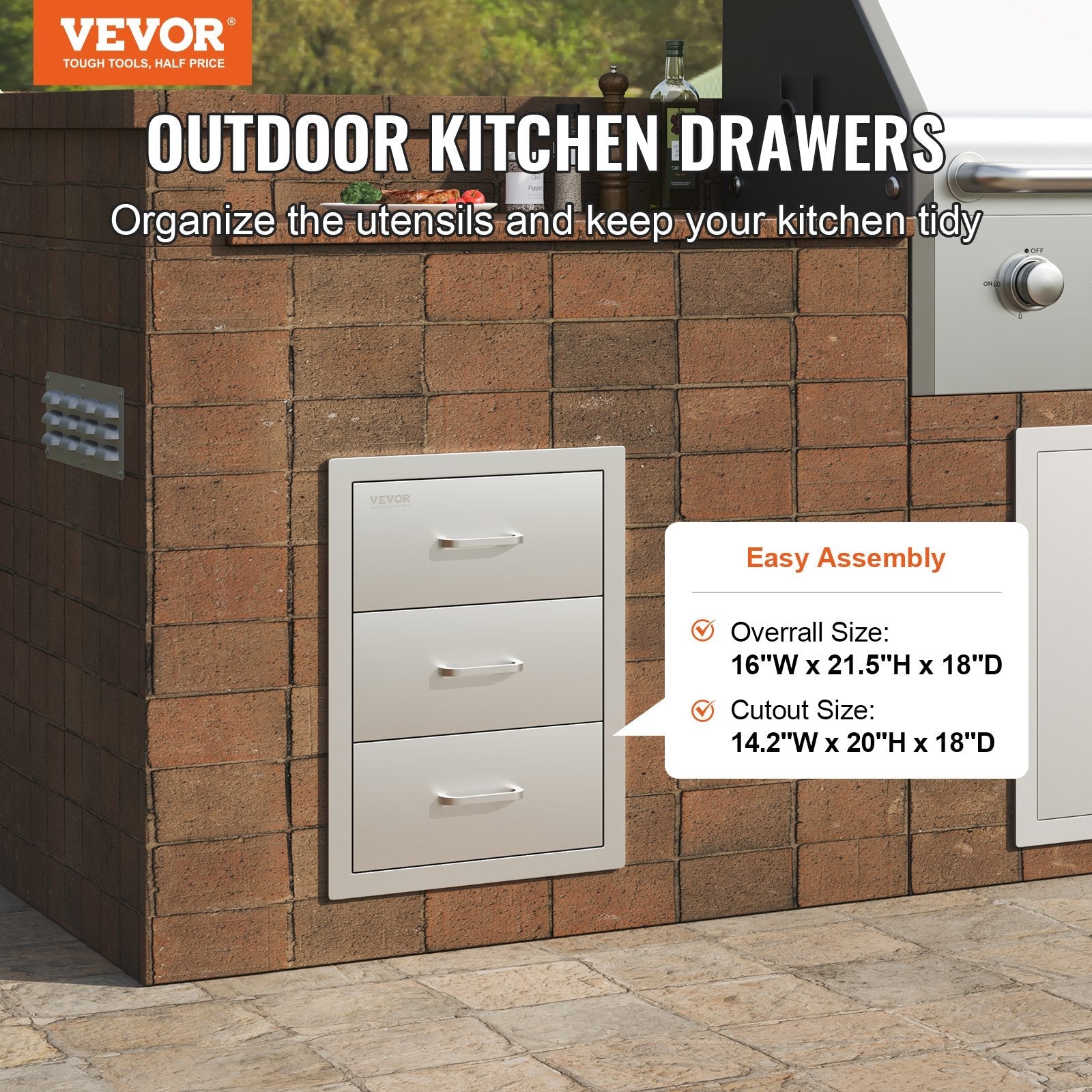 VEVOR Outdoor Kitchen Drawers 16\" W x 21.5\" H x 18\" D, Flush Mount Triple Access BBQ Drawers with Stainless Steel Handle, BBQ Island Drawers for Outdoor Kitchens or BBQ Island Patio Grill Station 