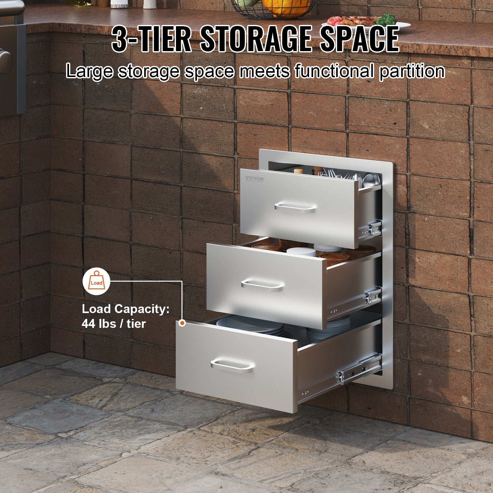 VEVOR Outdoor Kitchen Drawers 16\" W x 21.5\" H x 18\" D, Flush Mount Triple Access BBQ Drawers with Stainless Steel Handle, BBQ Island Drawers for Outdoor Kitchens or BBQ Island Patio Grill Station 