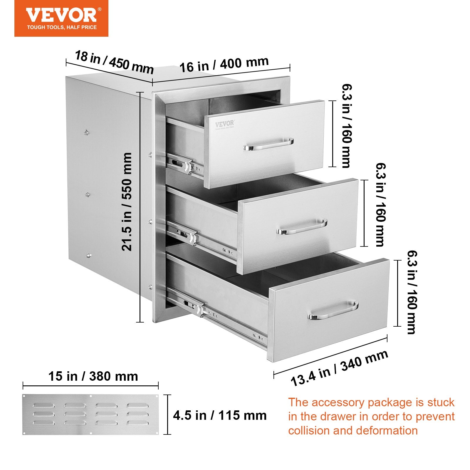 VEVOR Outdoor Kitchen Drawers 16\" W x 21.5\" H x 18\" D, Flush Mount Triple Access BBQ Drawers with Stainless Steel Handle, BBQ Island Drawers for Outdoor Kitchens or BBQ Island Patio Grill Station 