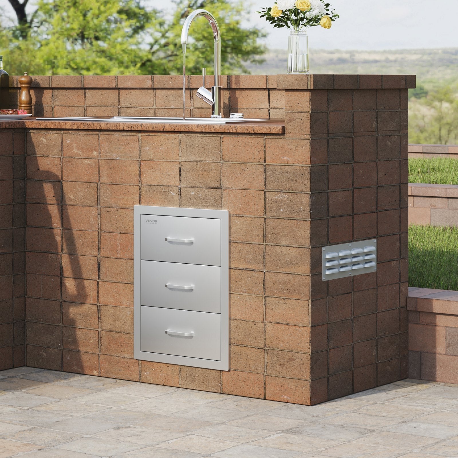 VEVOR Outdoor Kitchen Drawers 16\" W x 21.5\" H x 18\" D, Flush Mount Triple Access BBQ Drawers with Stainless Steel Handle, BBQ Island Drawers for Outdoor Kitchens or BBQ Island Patio Grill Station 