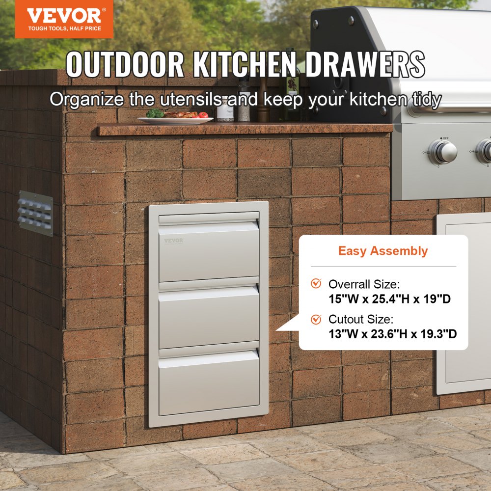 VEVOR Outdoor Kitchen Drawers 14.7" W x 25.4" H x 18.7" D, Box Frame Style Flush Mount BBQ Drawers with Stainless Steel Handle, BBQ Island Drawers for Outdoor Kitchens or Patio Grill Station 