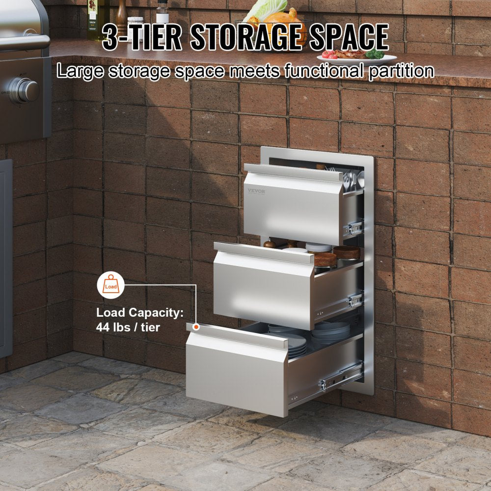 VEVOR Outdoor Kitchen Drawers 14.7" W x 25.4" H x 18.7" D, Box Frame Style Flush Mount BBQ Drawers with Stainless Steel Handle, BBQ Island Drawers for Outdoor Kitchens or Patio Grill Station 