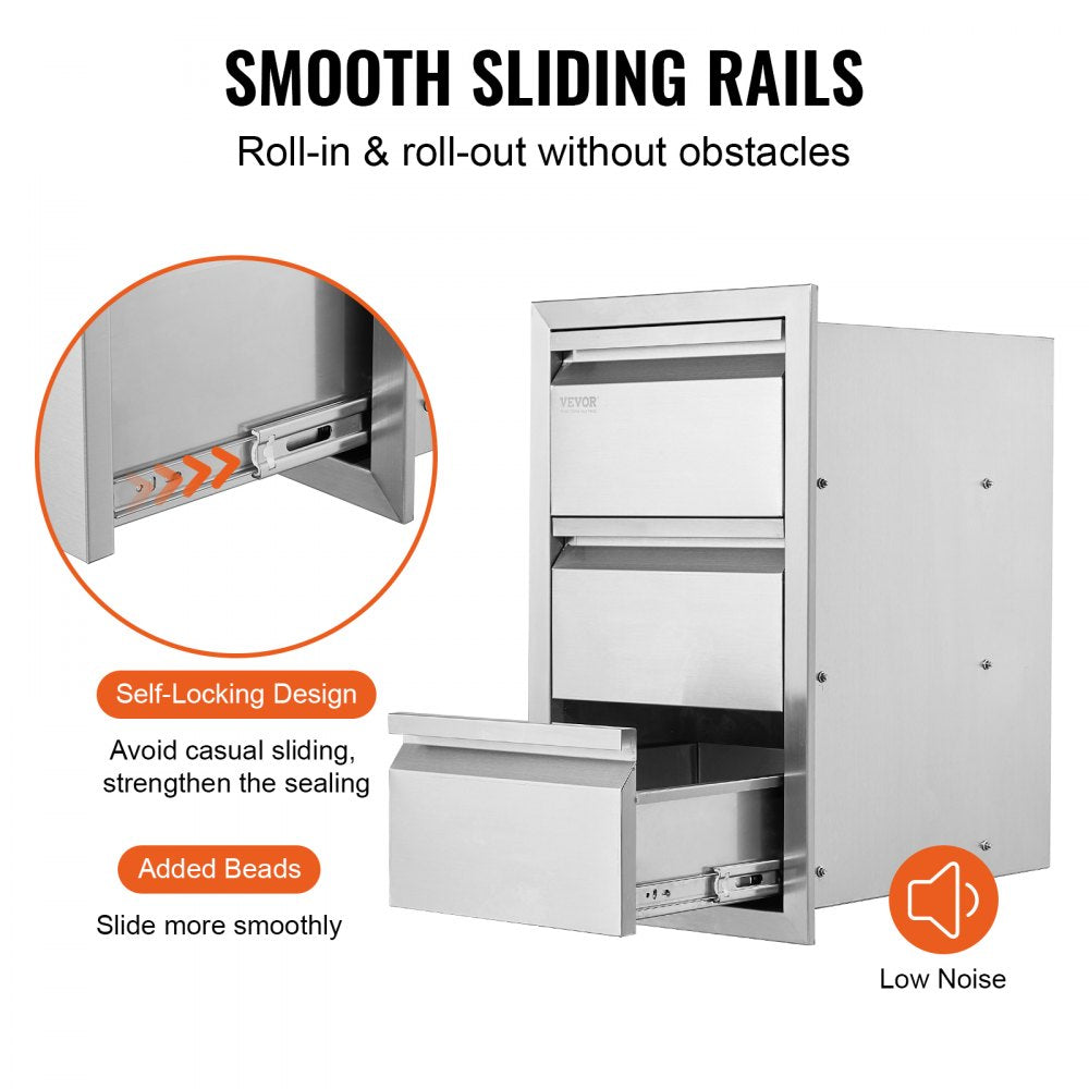 VEVOR Outdoor Kitchen Drawers 14.7" W x 25.4" H x 18.7" D, Box Frame Style Flush Mount BBQ Drawers with Stainless Steel Handle, BBQ Island Drawers for Outdoor Kitchens or Patio Grill Station 
