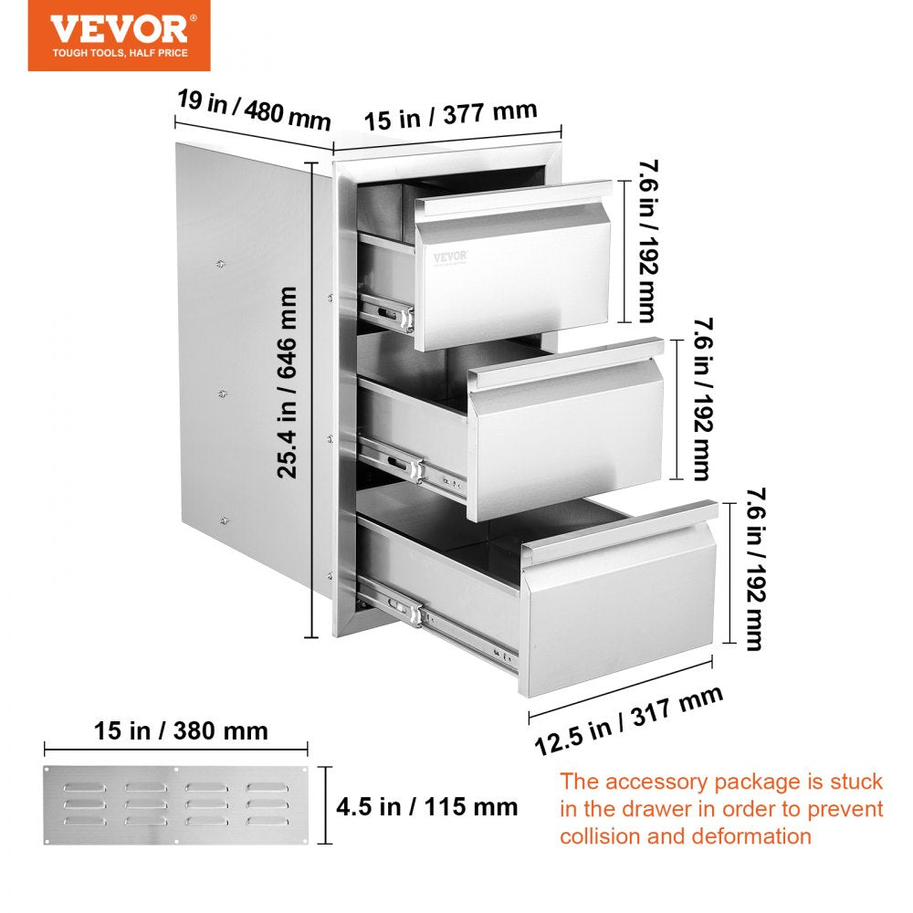 VEVOR Outdoor Kitchen Drawers 14.7" W x 25.4" H x 18.7" D, Box Frame Style Flush Mount BBQ Drawers with Stainless Steel Handle, BBQ Island Drawers for Outdoor Kitchens or Patio Grill Station 