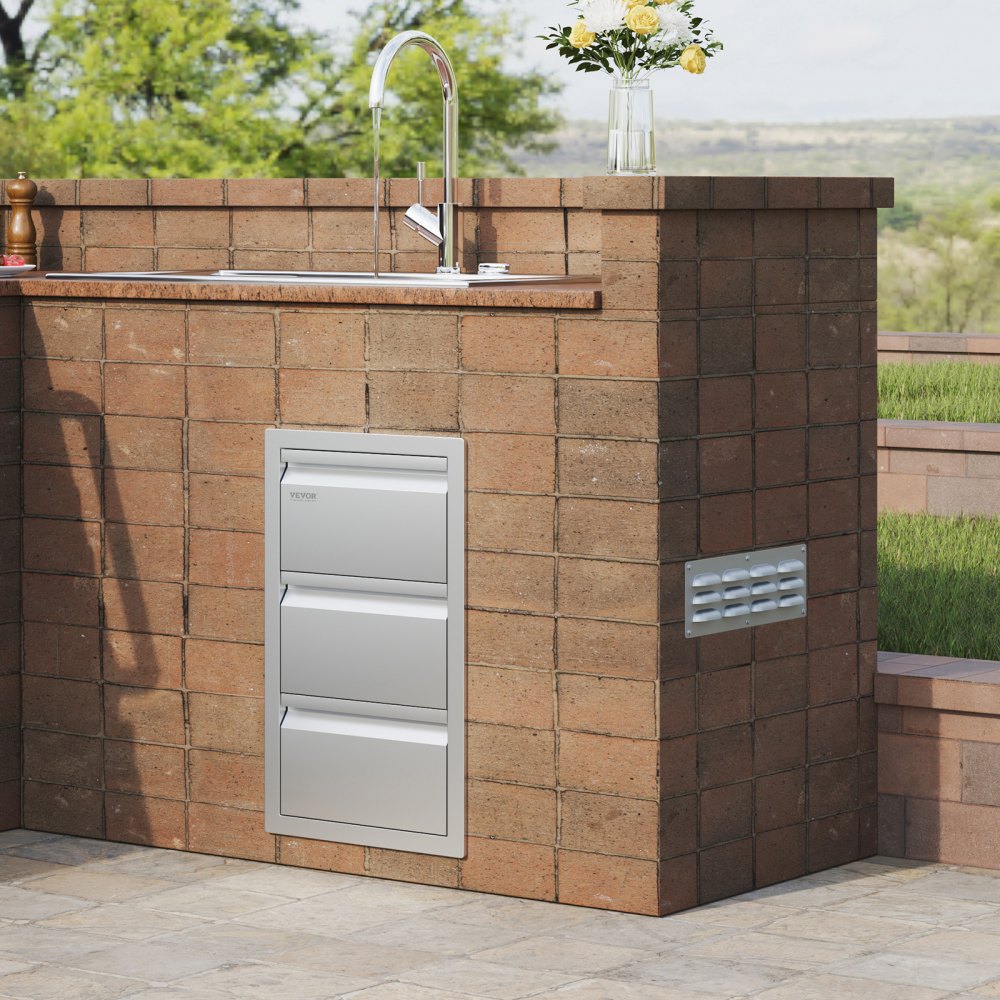 VEVOR Outdoor Kitchen Drawers 14.7" W x 25.4" H x 18.7" D, Box Frame Style Flush Mount BBQ Drawers with Stainless Steel Handle, BBQ Island Drawers for Outdoor Kitchens or Patio Grill Station 