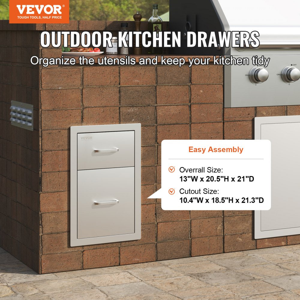 VEVOR Outdoor Kitchen Drawers 13\" W x 20.4\" H x 20.8\" D, Flush Mount Double BBQ Access Drawers with Stainless Steel Handle, BBQ Island Drawers for Outdoor Kitchens or Patio Grill Station 