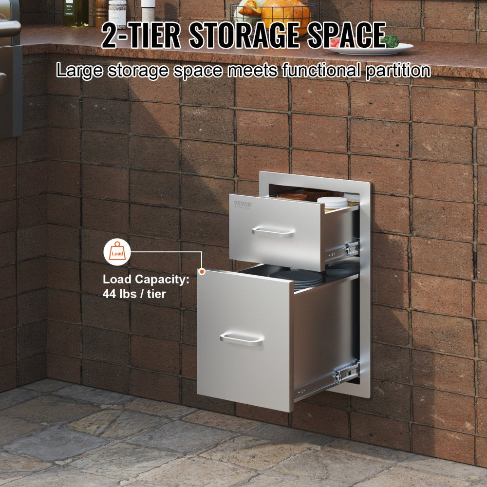 VEVOR Outdoor Kitchen Drawers 13\" W x 20.4\" H x 20.8\" D, Flush Mount Double BBQ Access Drawers with Stainless Steel Handle, BBQ Island Drawers for Outdoor Kitchens or Patio Grill Station 