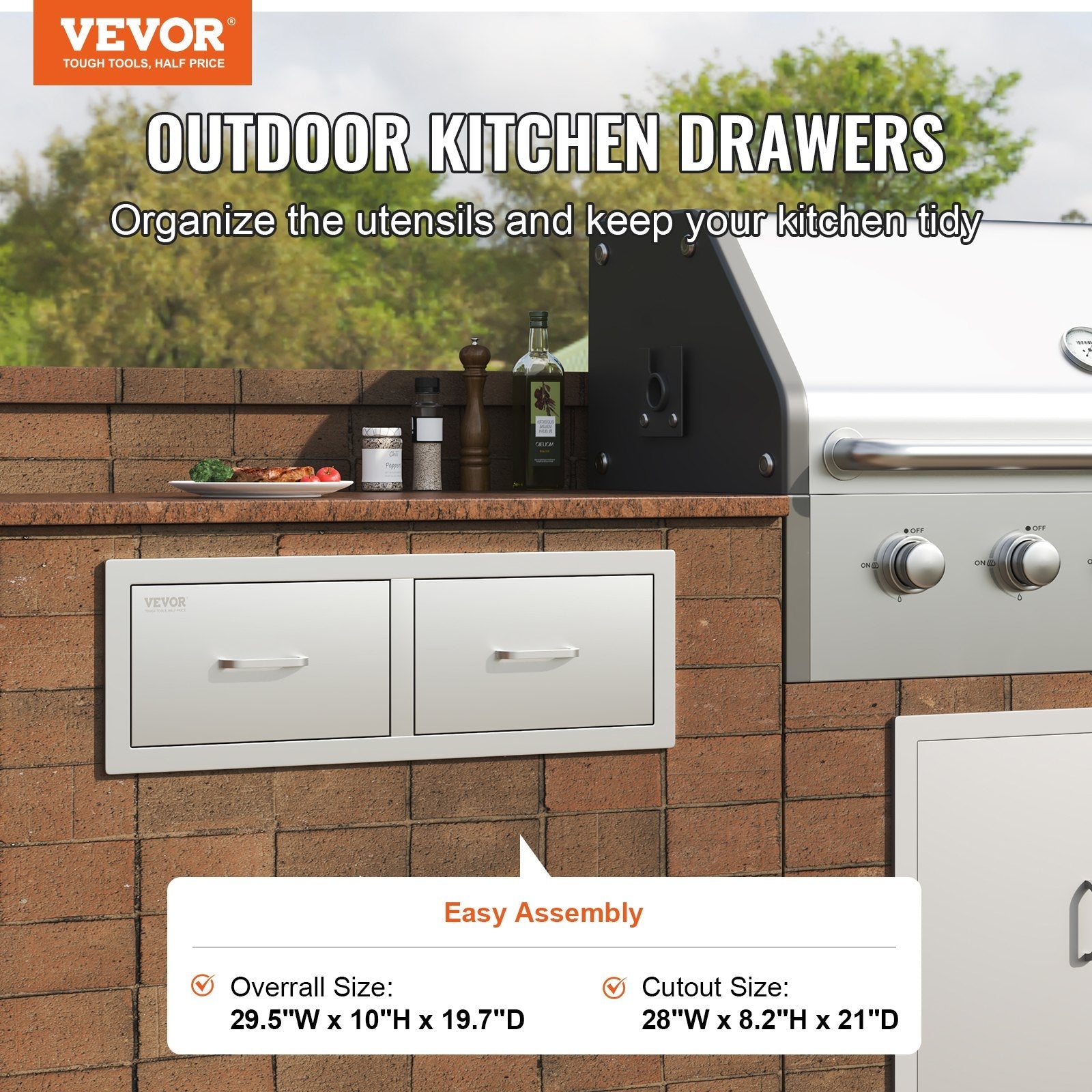 VEVOR Outdoor Kitchen Drawers 30\" W x 10\" H x 20\" D, Horizontal Double BBQ Access Drawers Stainless Steel with Handle, BBQ Island Drawers for Outdoor Kitchens or Patio Grill Station 