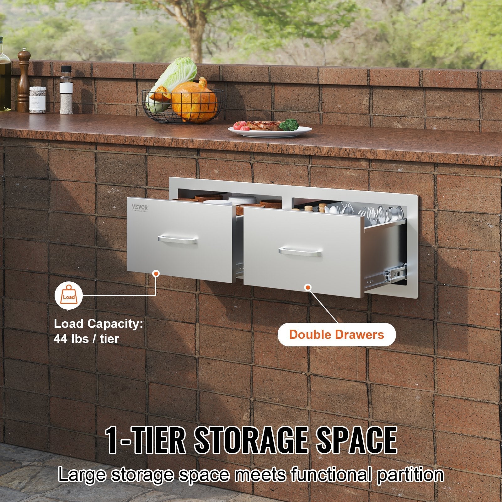 VEVOR Outdoor Kitchen Drawers 30\" W x 10\" H x 20\" D, Horizontal Double BBQ Access Drawers Stainless Steel with Handle, BBQ Island Drawers for Outdoor Kitchens or Patio Grill Station 