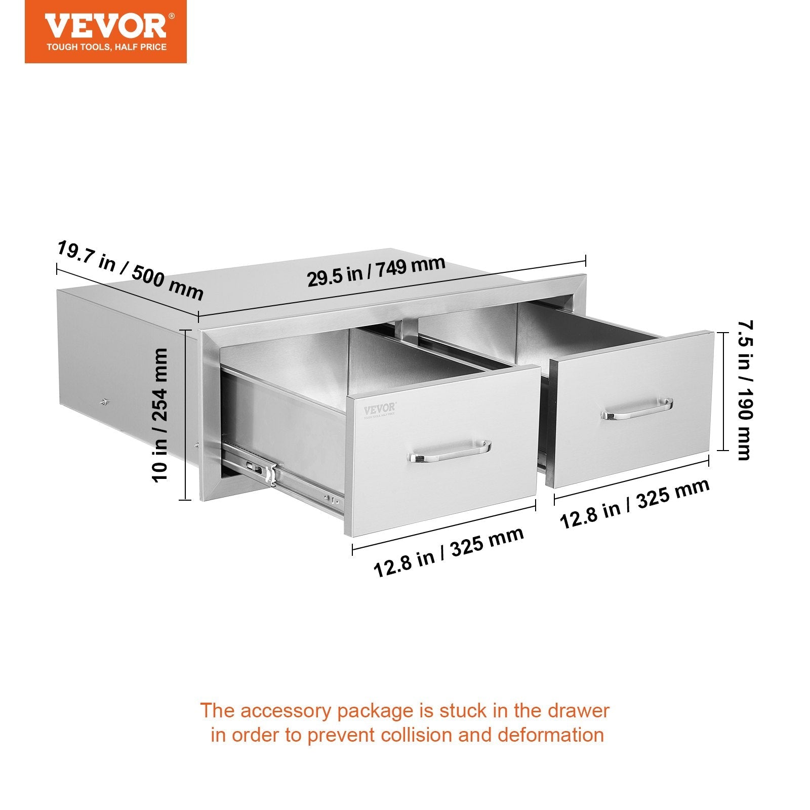 VEVOR Outdoor Kitchen Drawers 30\" W x 10\" H x 20\" D, Horizontal Double BBQ Access Drawers Stainless Steel with Handle, BBQ Island Drawers for Outdoor Kitchens or Patio Grill Station 