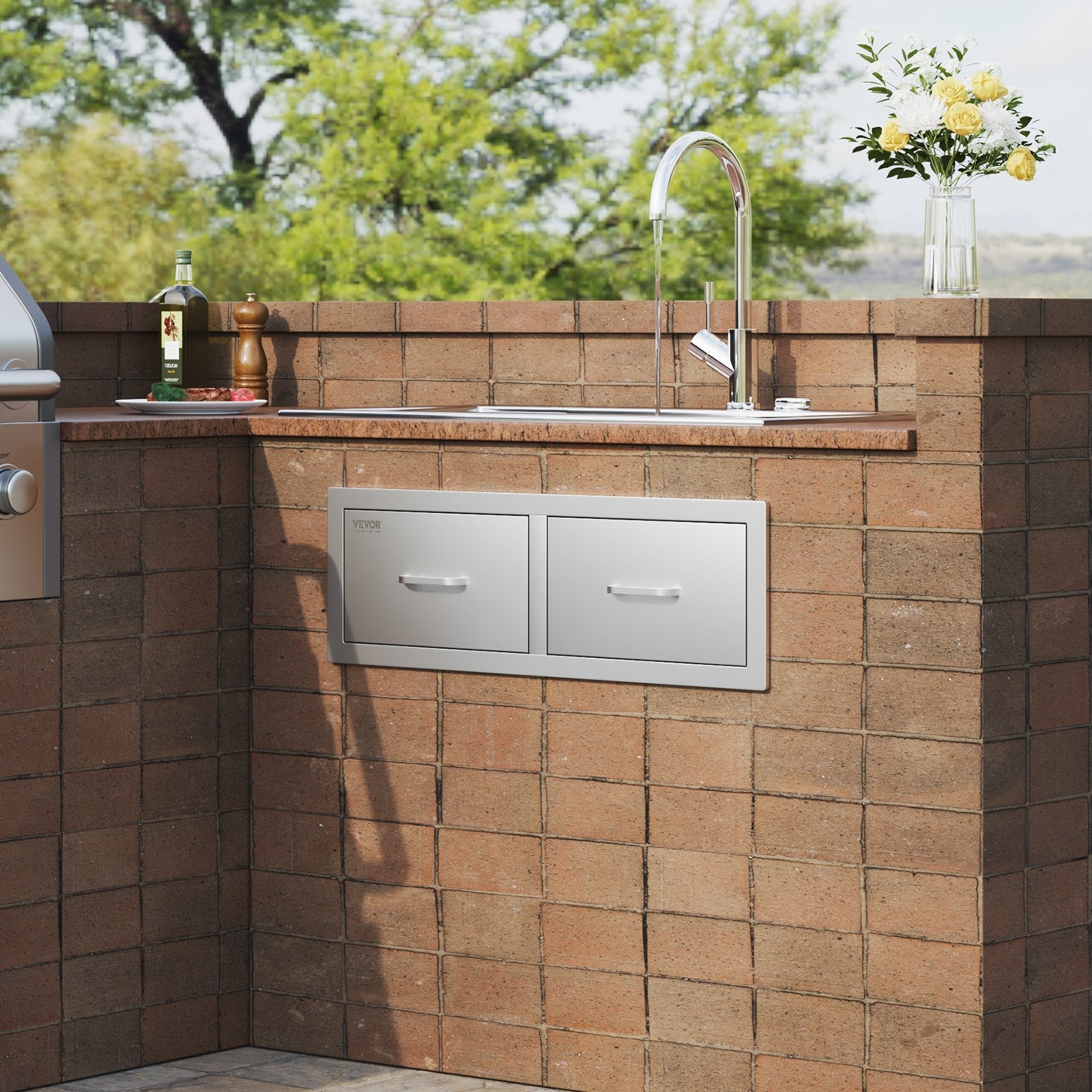VEVOR Outdoor Kitchen Drawers 30\" W x 10\" H x 20\" D, Horizontal Double BBQ Access Drawers Stainless Steel with Handle, BBQ Island Drawers for Outdoor Kitchens or Patio Grill Station 