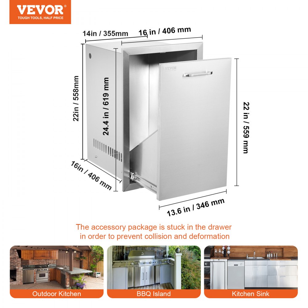 VEVOR Outdoor Kitchen Propane Tank Drawer 16Wx22Hx16D Inch BBQ Propane Drawer with Handle Stainless Steel Propane Tank Drawer for Outdoor Kitchen 