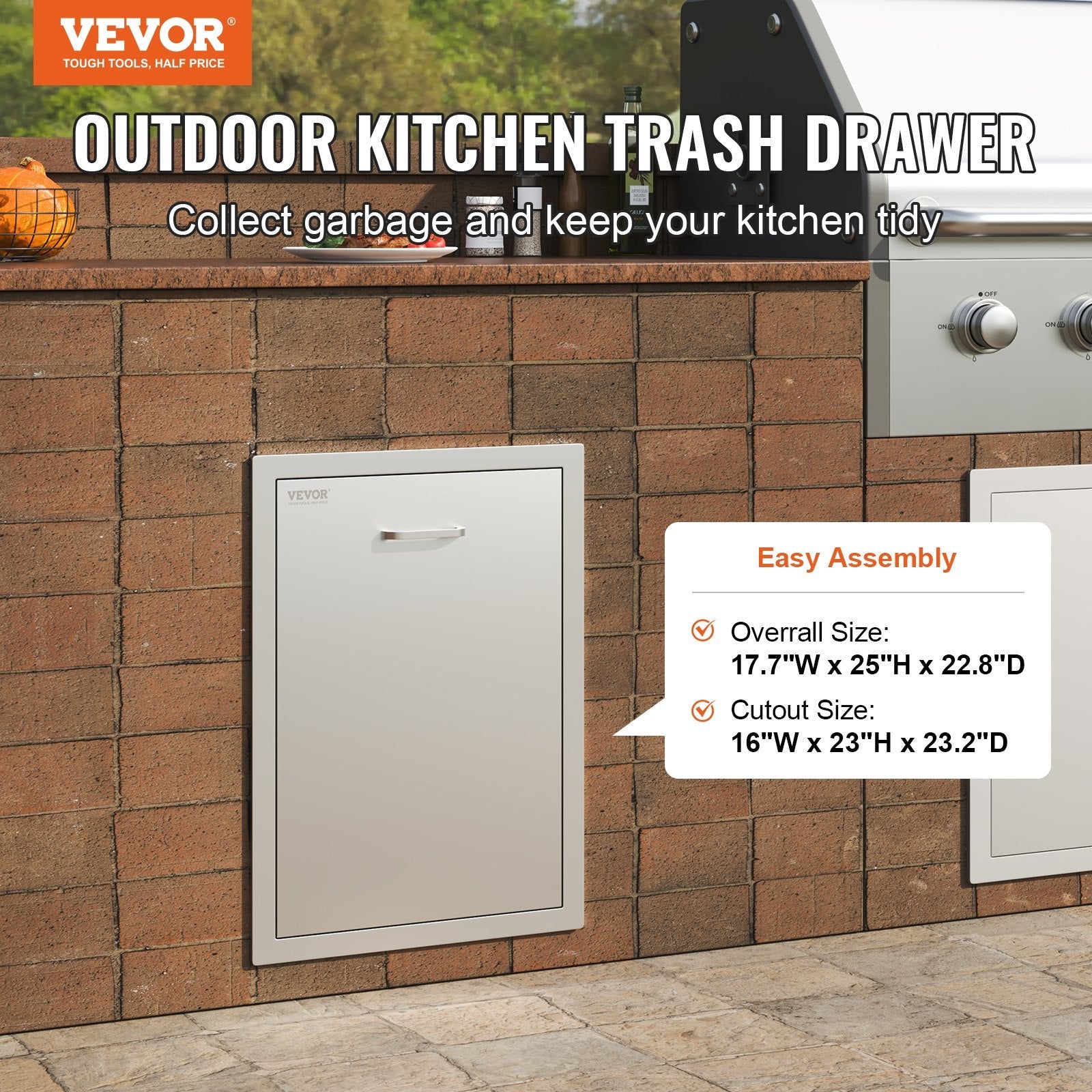 VEVOR Pull Out Trash Drawer 17.7x22.8 Inch Raised Style Trash Bin with Pull-Out Tray Stainless Steel Trash Drawer with Handle for Outdoor Kitchen BBQ Island 