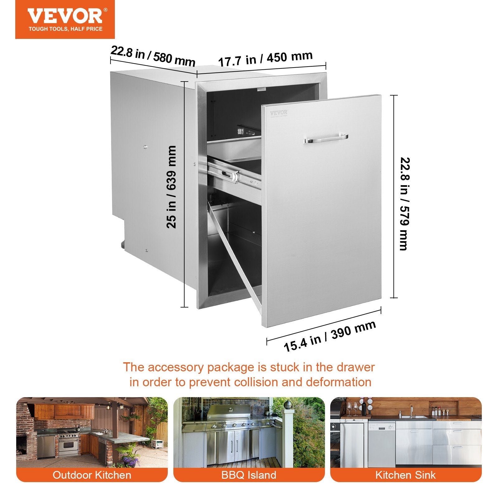 VEVOR Pull Out Trash Drawer 17.7x22.8 Inch Raised Style Trash Bin with Pull-Out Tray Stainless Steel Trash Drawer with Handle for Outdoor Kitchen BBQ Island 