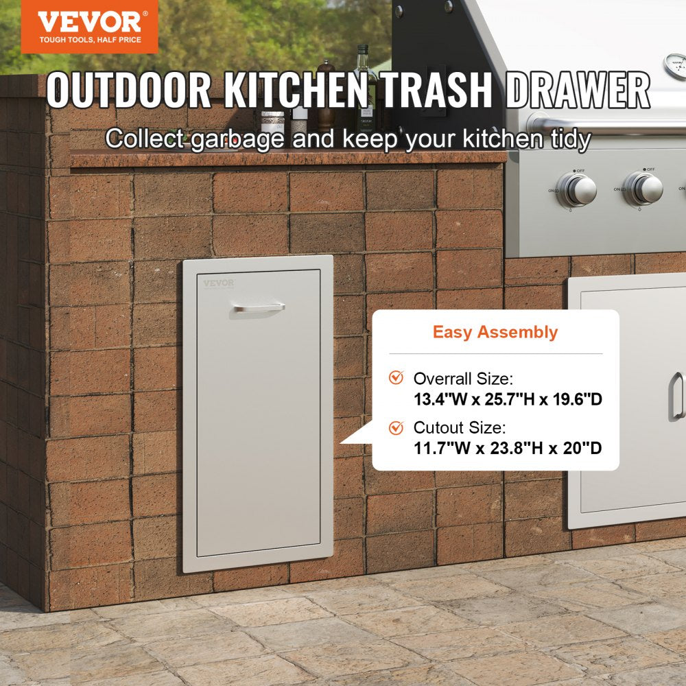 VEVOR Pull Out Trash Drawer 13.6Wx26H Inch Lower Sliding Rails Stainless Steel Trash Drawer with Pull-Out Tray and Handle for Outdoor Kitchen BBQ Island 