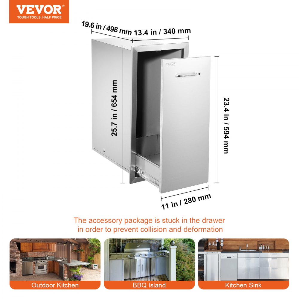 VEVOR Pull Out Trash Drawer 13.6Wx26H Inch Lower Sliding Rails Stainless Steel Trash Drawer with Pull-Out Tray and Handle for Outdoor Kitchen BBQ Island 