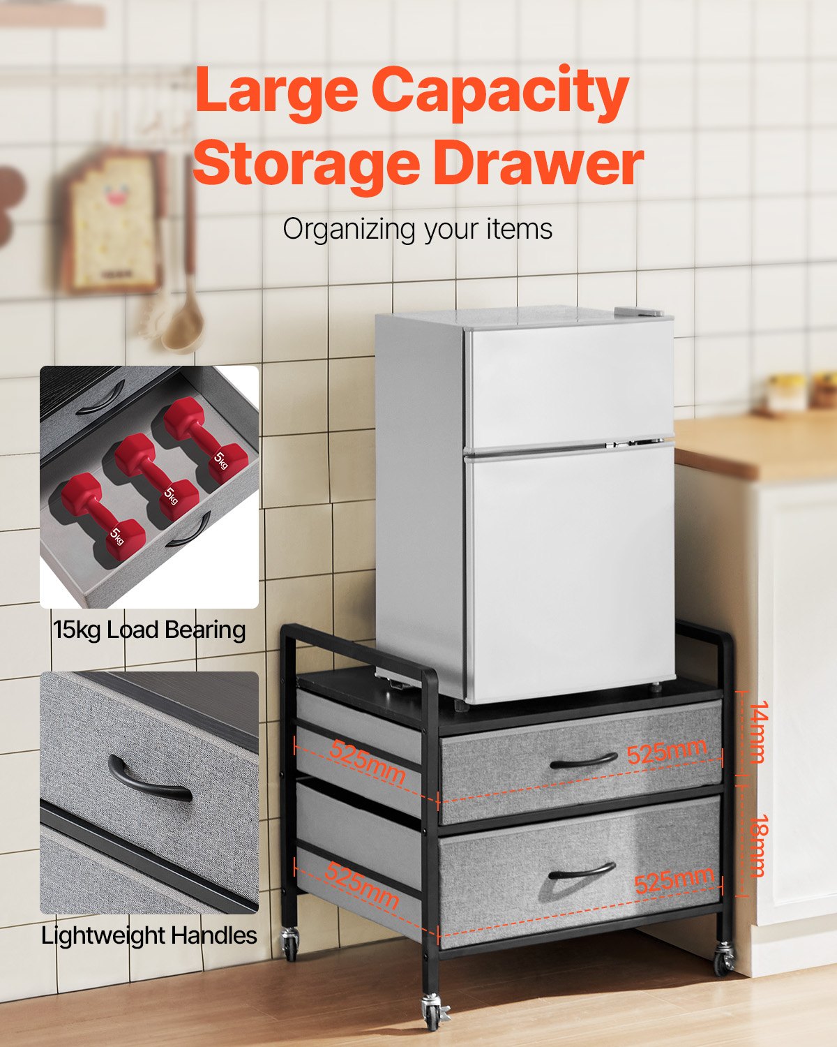VEVOR Mini Fridge Stand with Storage 176 lbs Gray Mini Fridge Table 2 Drawers 