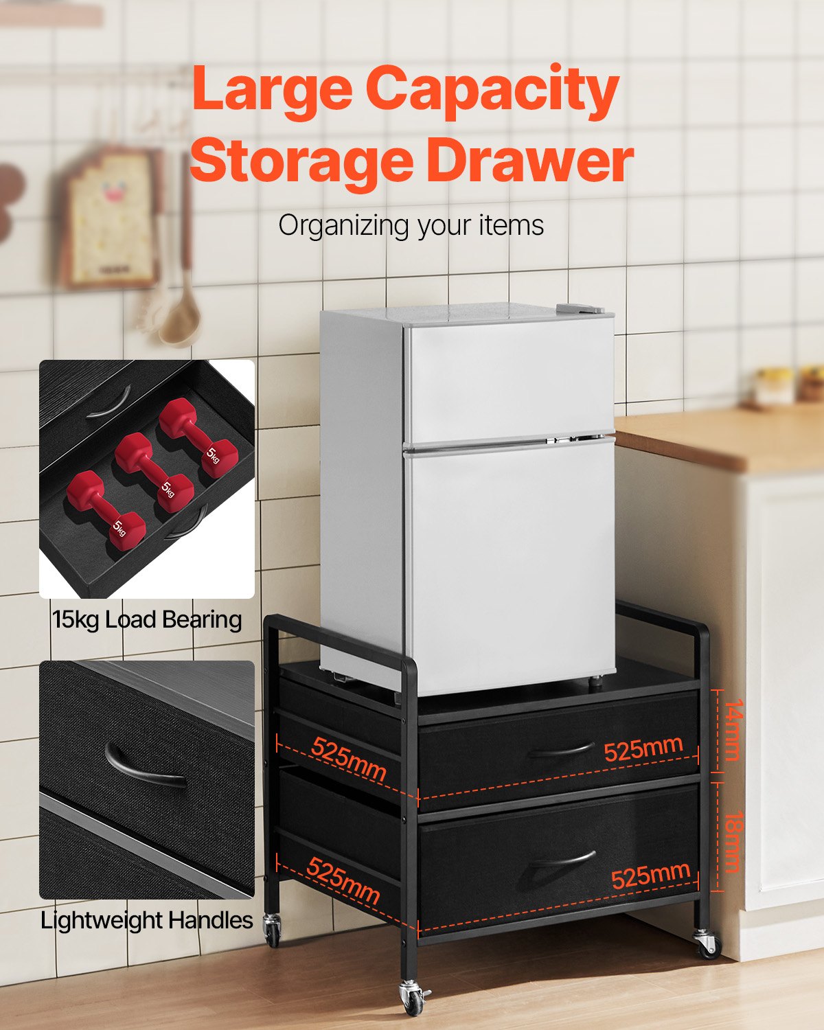 VEVOR Mini Fridge Stand with Storage 176 lbs Black Mini Fridge Table 2 Drawers 