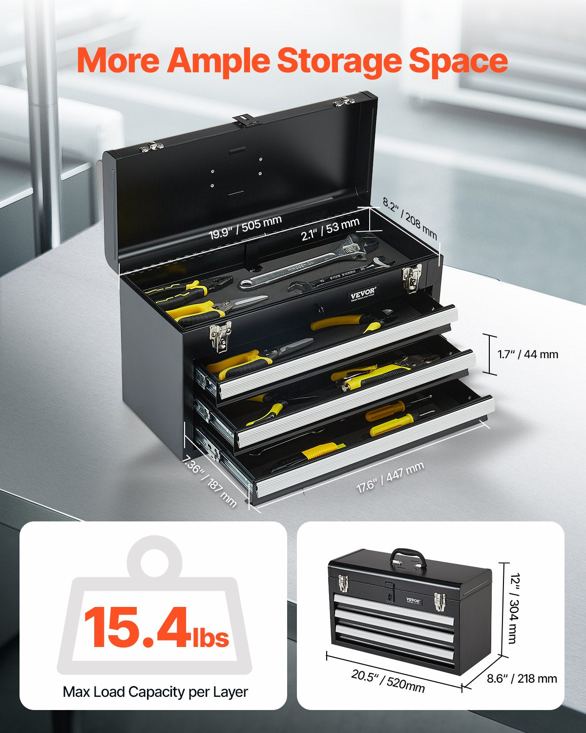 VEVOR Tool Box 20.5-inch Portable Metal Tool Box with 3 Drawers Tool Organizer 