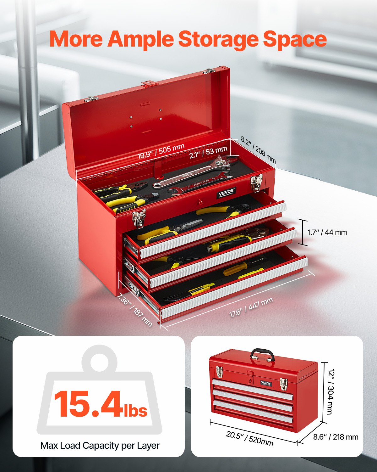 VEVOR Tool Box 20.5-inch Portable Metal Tool Box 3 Drawers Tool Organizer Red 