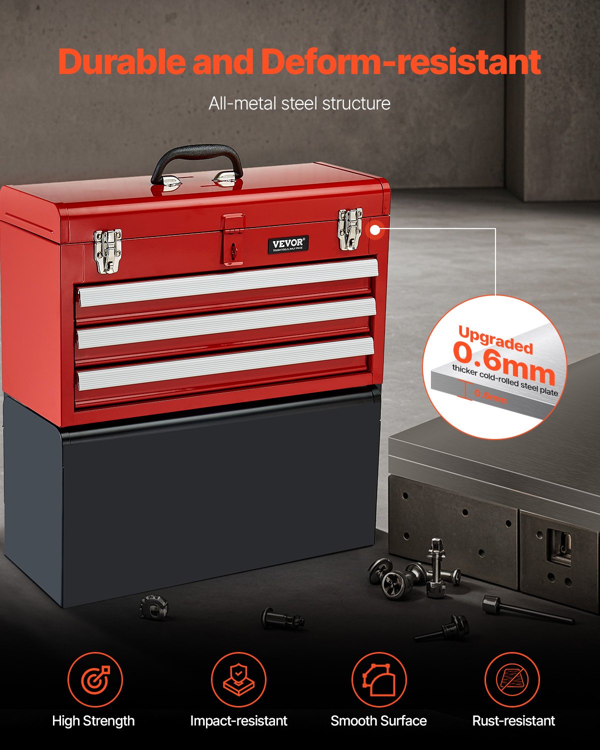 VEVOR Tool Box 20.5-inch Portable Metal Tool Box 3 Drawers Tool Organizer Red 