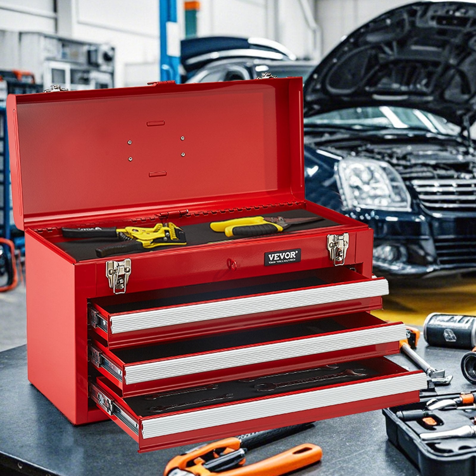 VEVOR Tool Box 20.5-inch Portable Metal Tool Box 3 Drawers Tool Organizer Red 