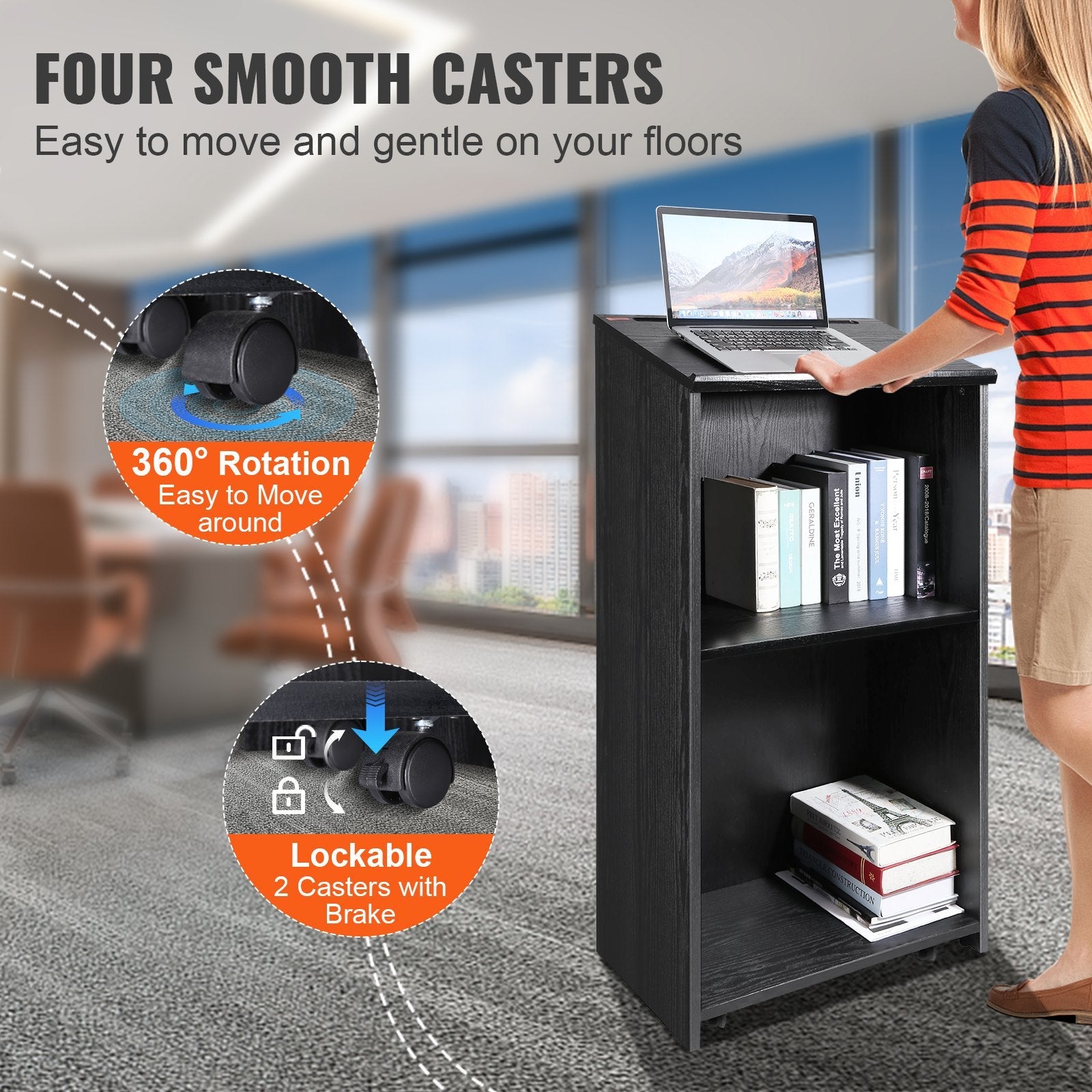 VEVOR Podium Stand, 47 in Hostess Stand with 4 Rolling Wheels, Wood Podium with Storage Shelves, and Slant Desktop, Lecterns & Podiums for Church, Office, School, Home, Black 