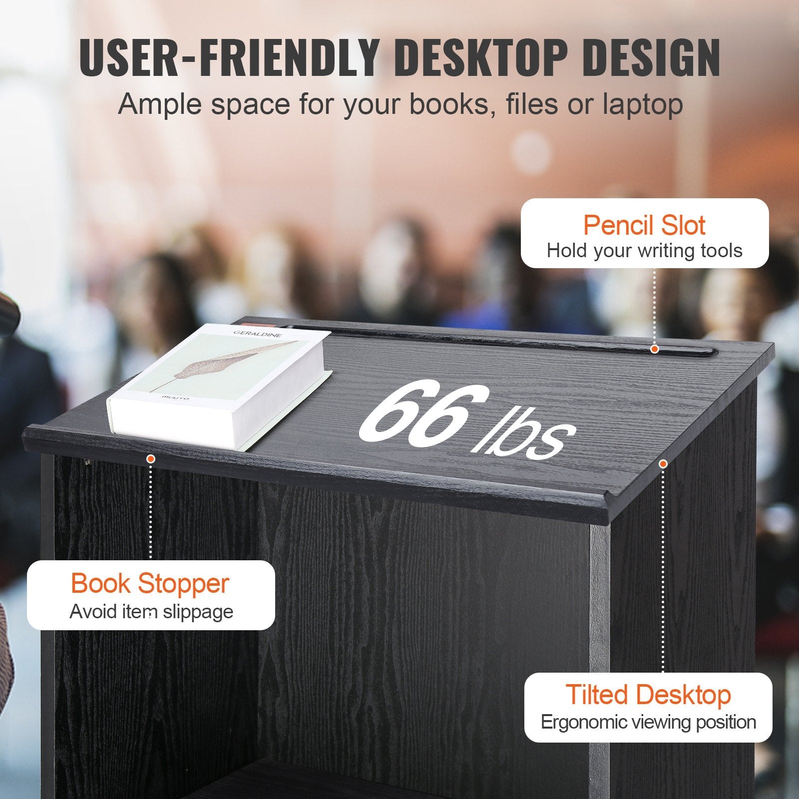 VEVOR Podium Stand, 47 in Hostess Stand with 4 Rolling Wheels, Wood Podium with Storage Shelves, and Slant Desktop, Lecterns & Podiums for Church, Office, School, Home, Black 