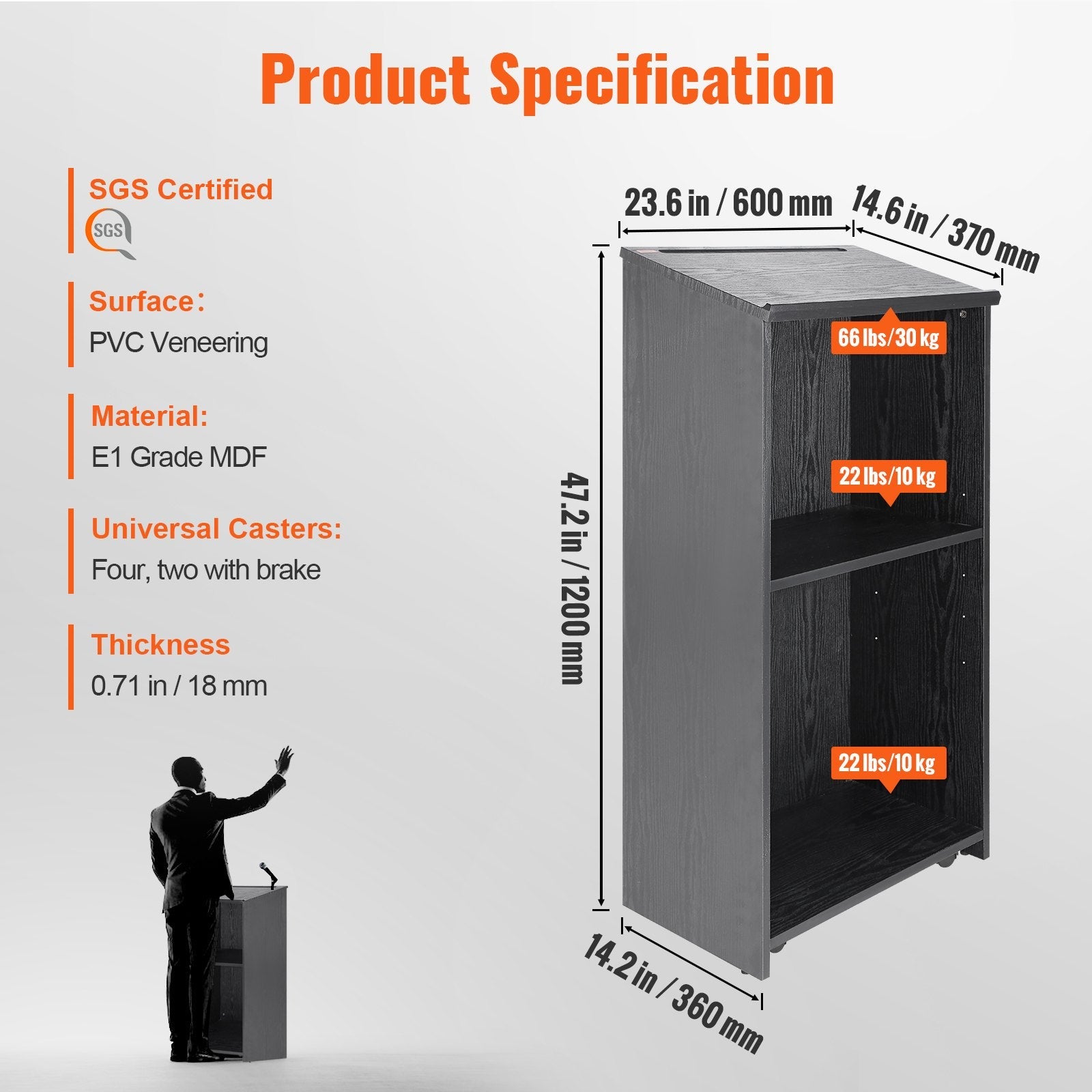 VEVOR Podium Stand, 47 in Hostess Stand with 4 Rolling Wheels, Wood Podium with Storage Shelves, and Slant Desktop, Lecterns & Podiums for Church, Office, School, Home, Black 