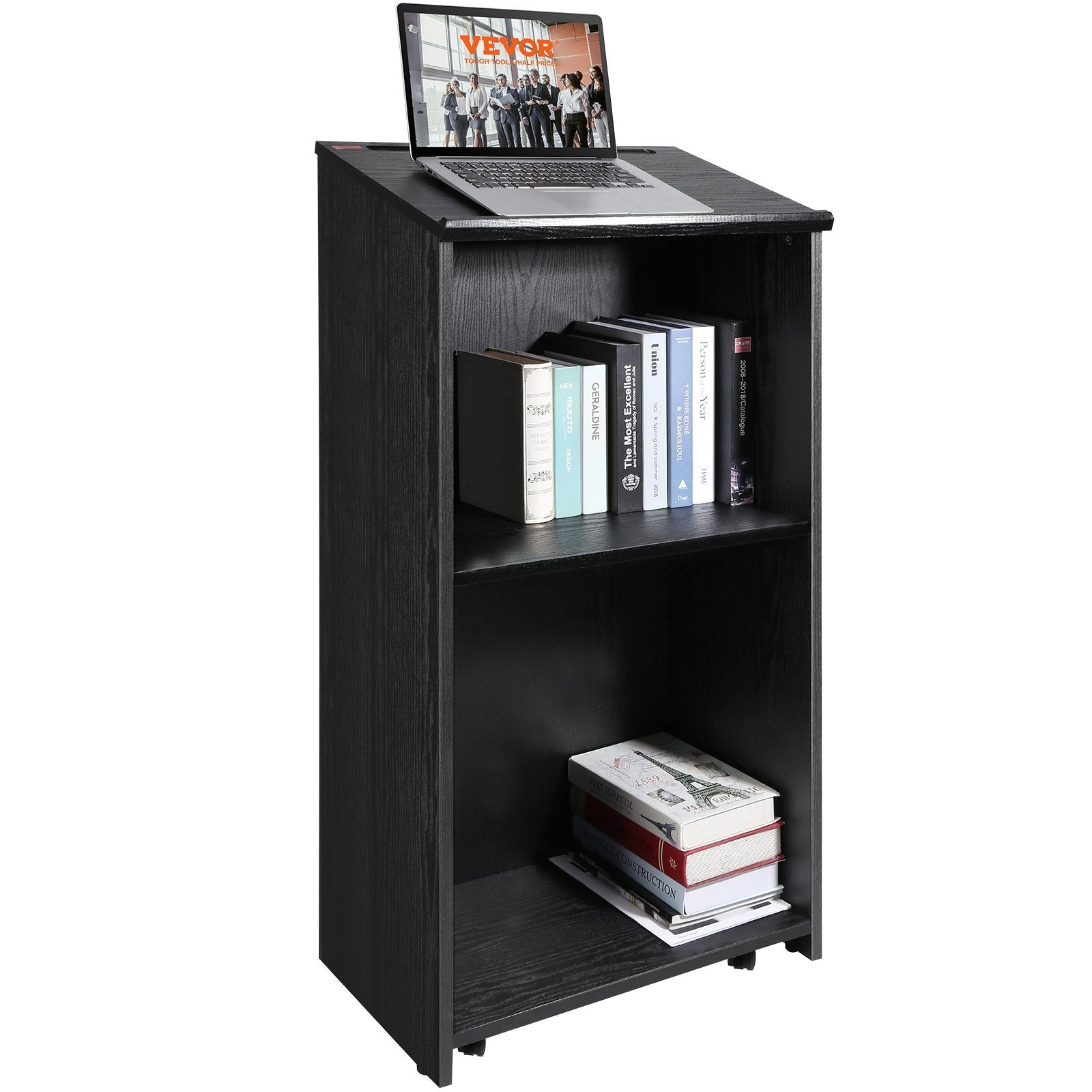 VEVOR Podium Stand, 47 in Hostess Stand with 4 Rolling Wheels, Wood Podium with Storage Shelves, and Slant Desktop, Lecterns & Podiums for Church, Office, School, Home, Black 