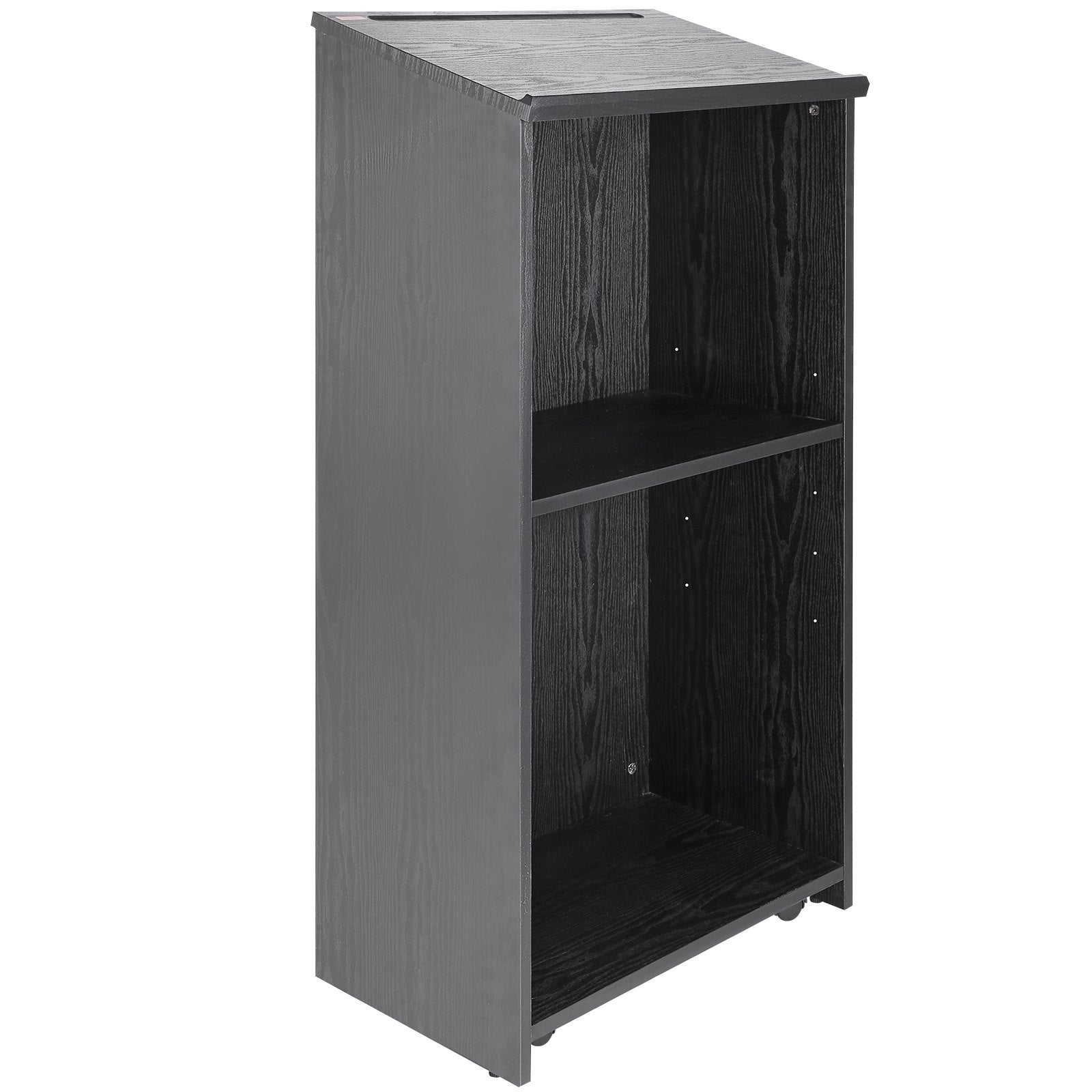 VEVOR Podium Stand, 47 in Hostess Stand with 4 Rolling Wheels, Wood Podium with Storage Shelves, and Slant Desktop, Lecterns & Podiums for Church, Office, School, Home, Black 